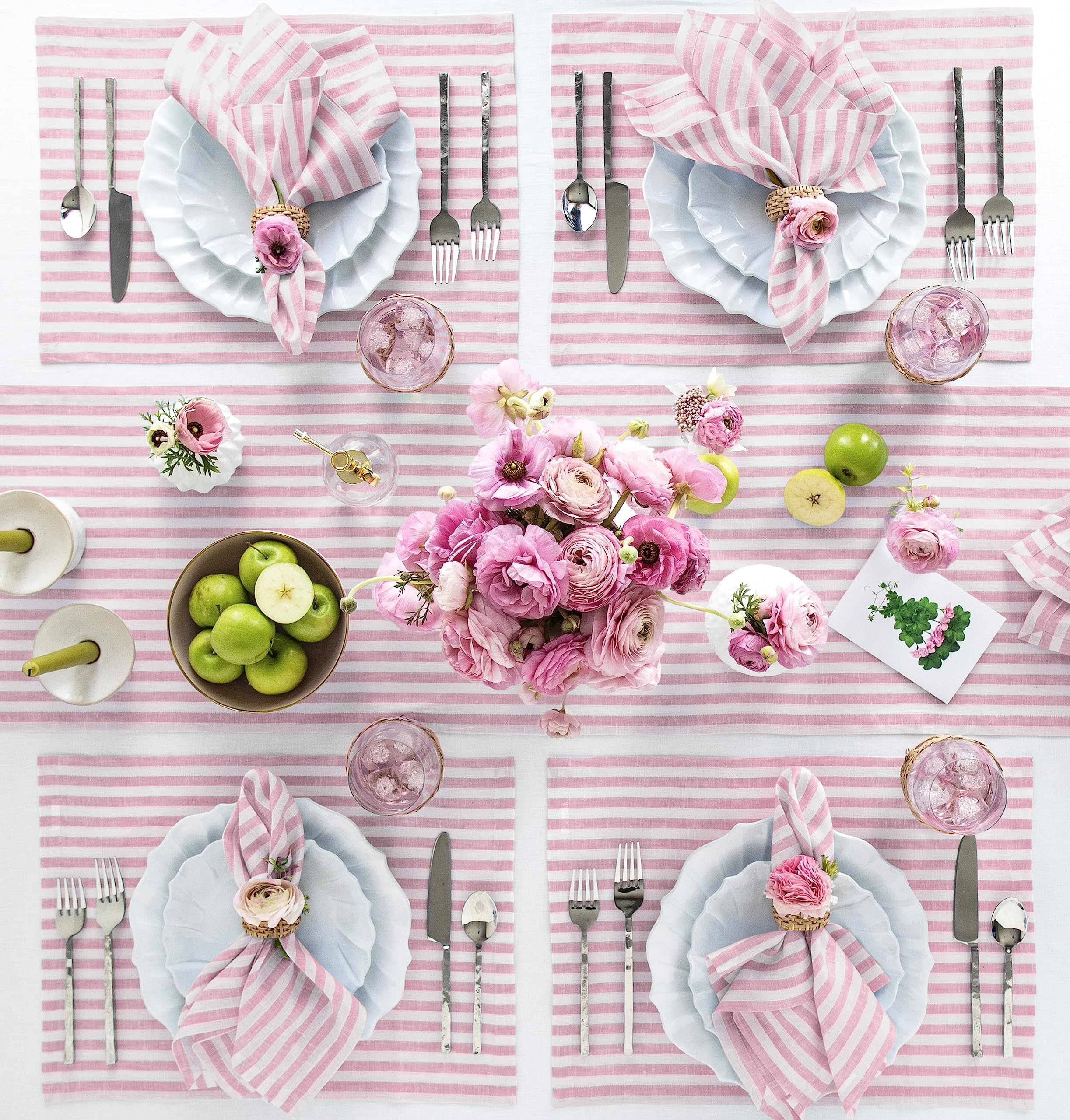 Solino Home Stripe Linen Napkins - 20 X 20 Inch Cloth Dinner, Set Of 4 100% Pure Linen Napkins Cherry Blossom And White - Amalfi
