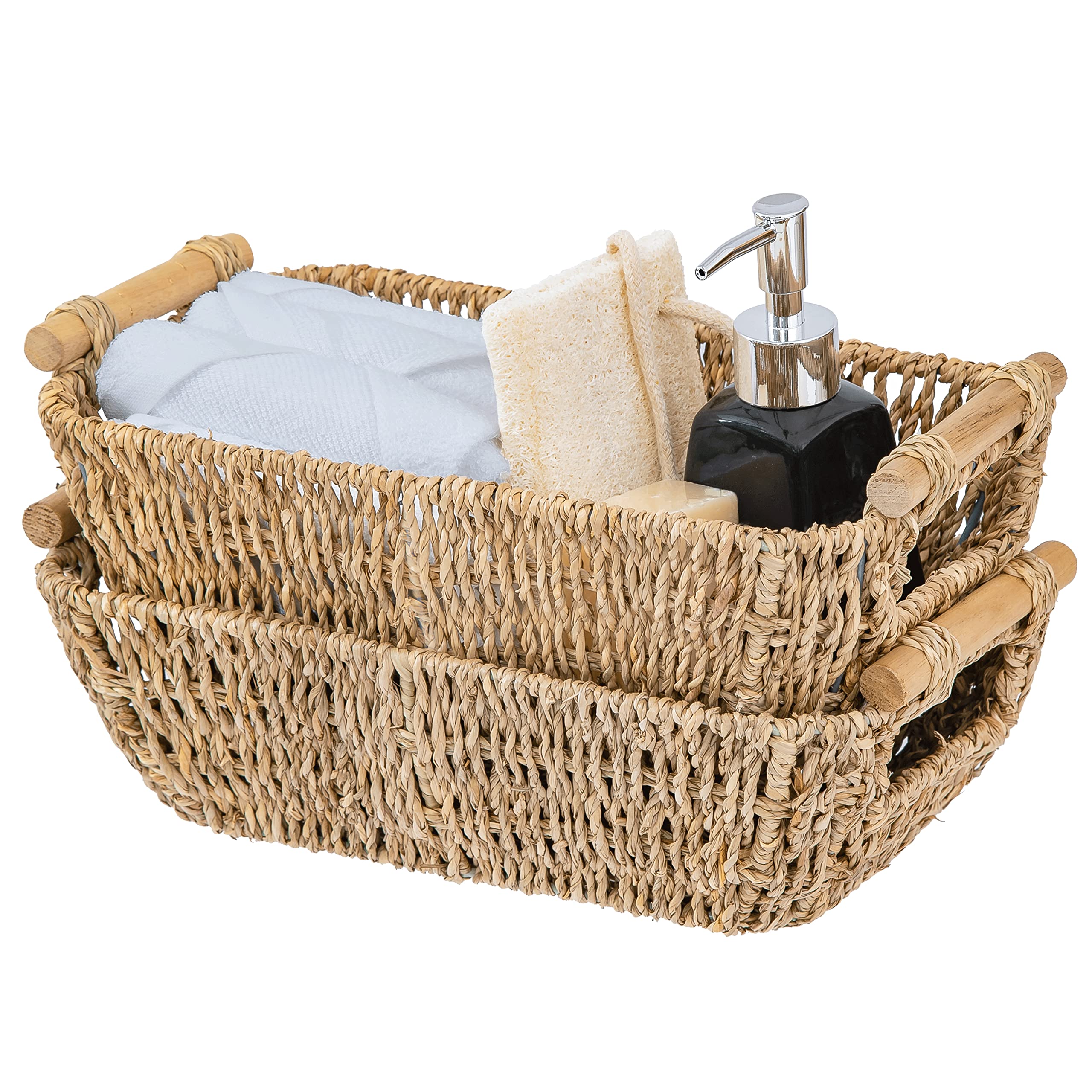 Artera Shallow Wicker Storage Basket - Medium Woven Seagrass Baskets With Wooden Handles For Bathroom, Kitchen Pantry Organizing