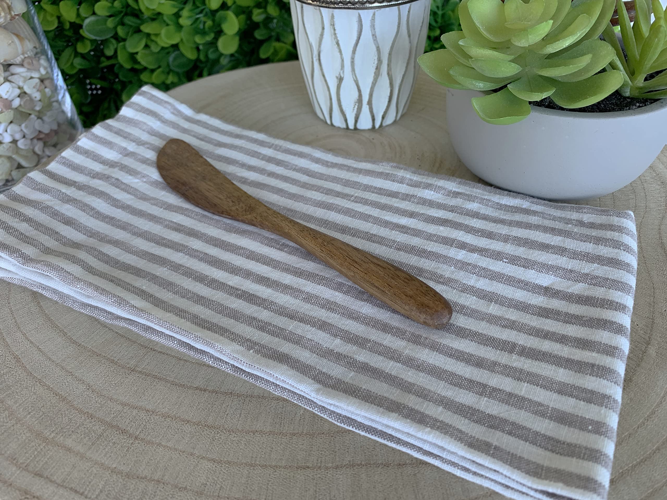 Linen Napkins - 100% French Flax - Stonewashed Pure Linen Cloth Napkins - Mitered Corners - Set Of 4 (Gray/White Stripe)