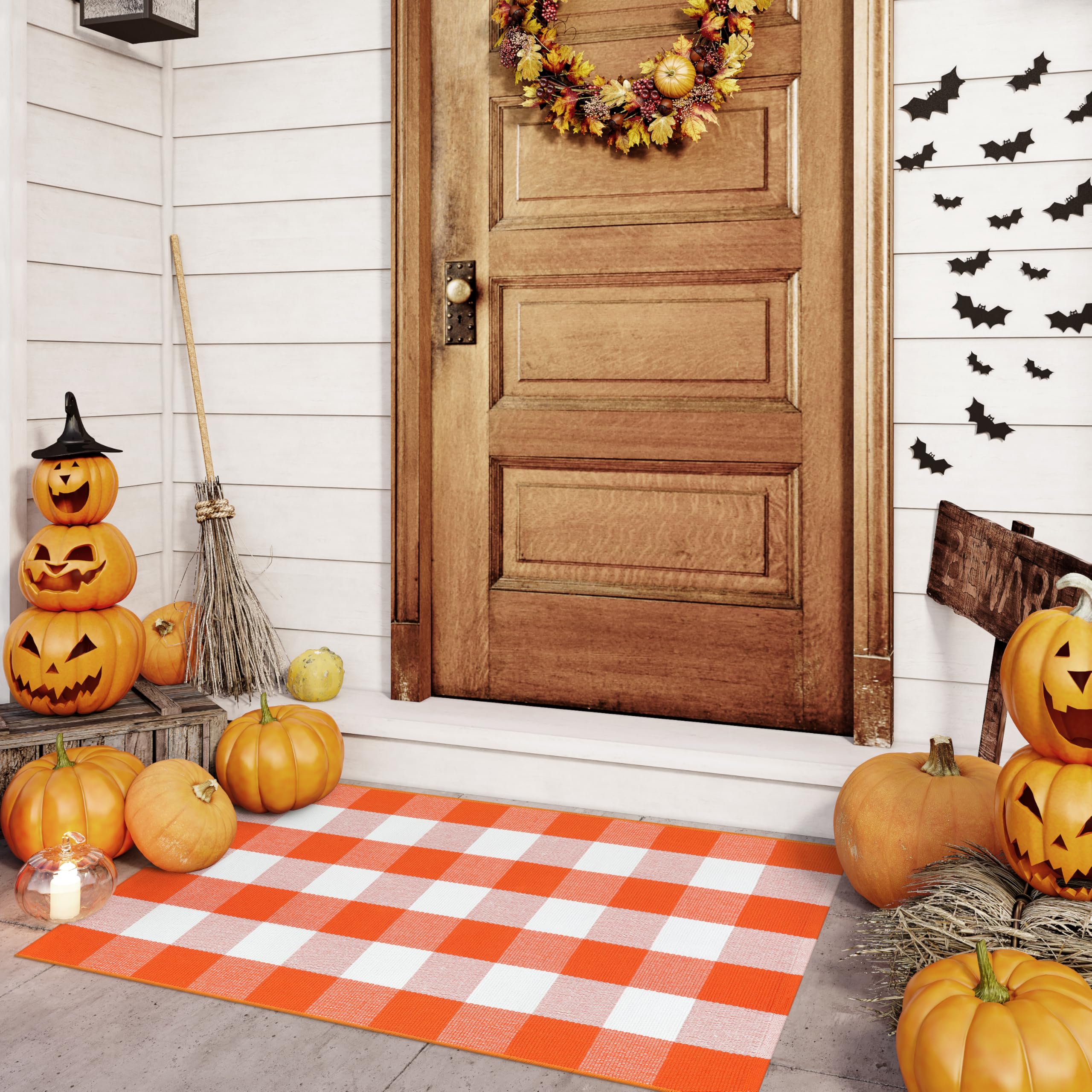 KIMODE Halloween Door Mat Outdoor 27.5 x43 , Fall Decor Buffalo Plaid Outdoor Rug,Farmhouse Checkered Layered Welcome Door Mat f