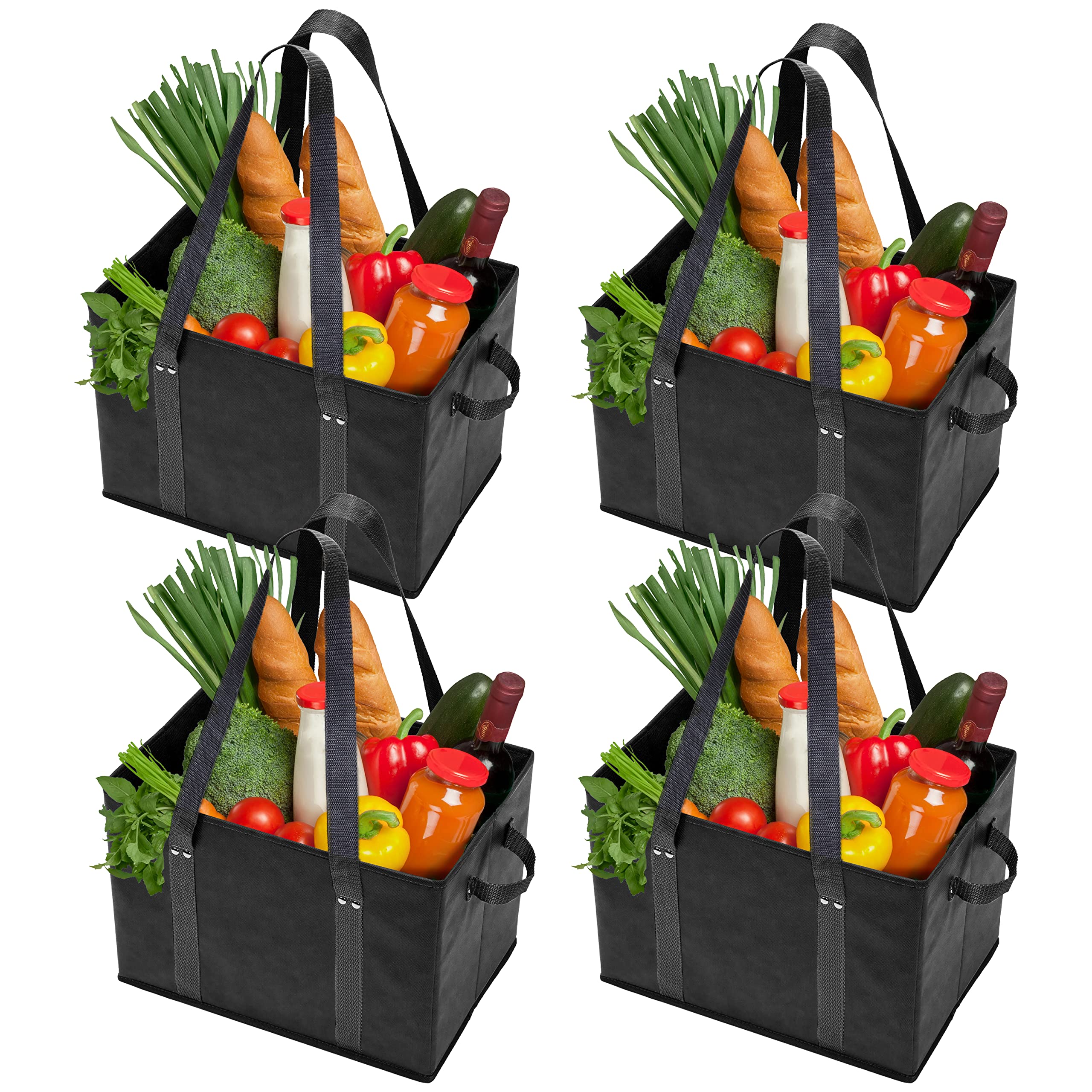 Bag-That! 4Pk Reusable Grocery Bags Shopping Bags Tote Box Large Heavy Duty Groceries Bag Handles Foldable Reinforced Bottom (Bl