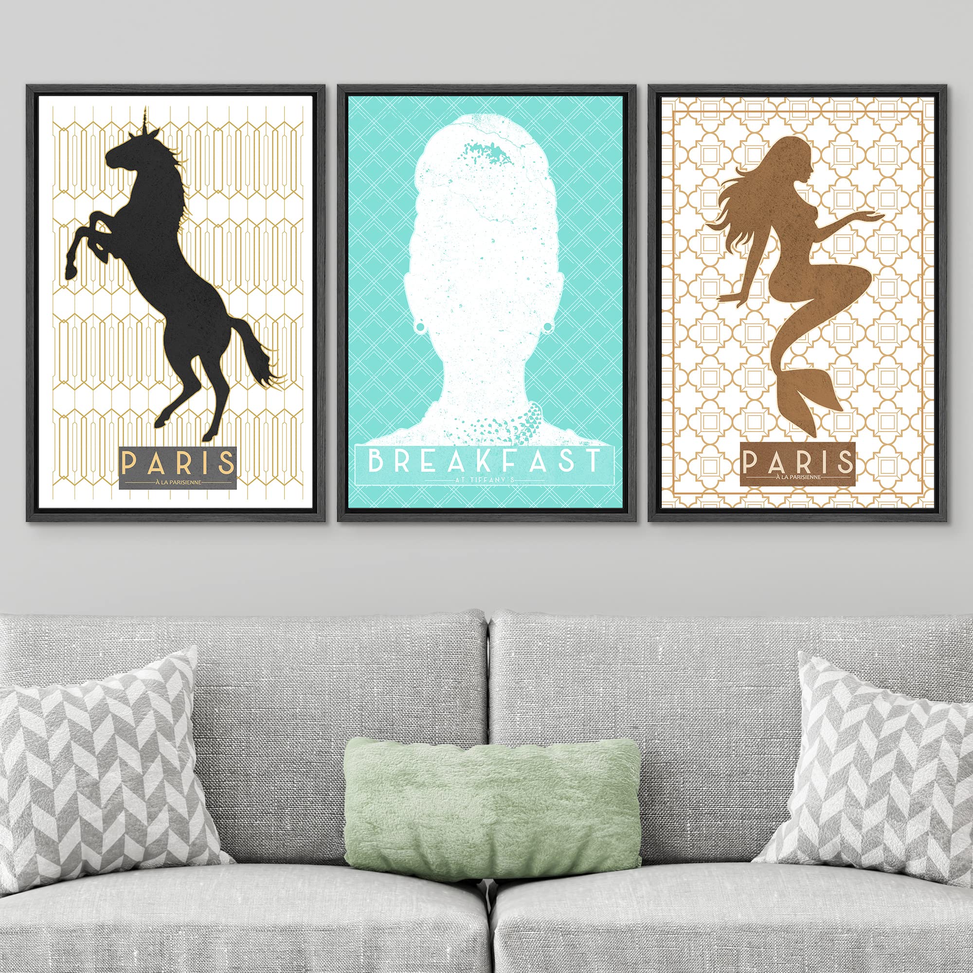 Signwin Framed Canvas Print Wall Art Set Paris Unicorn, Mermaid, Woman Pattern Nature Animals Illustrations Modern Art Rustic Gr