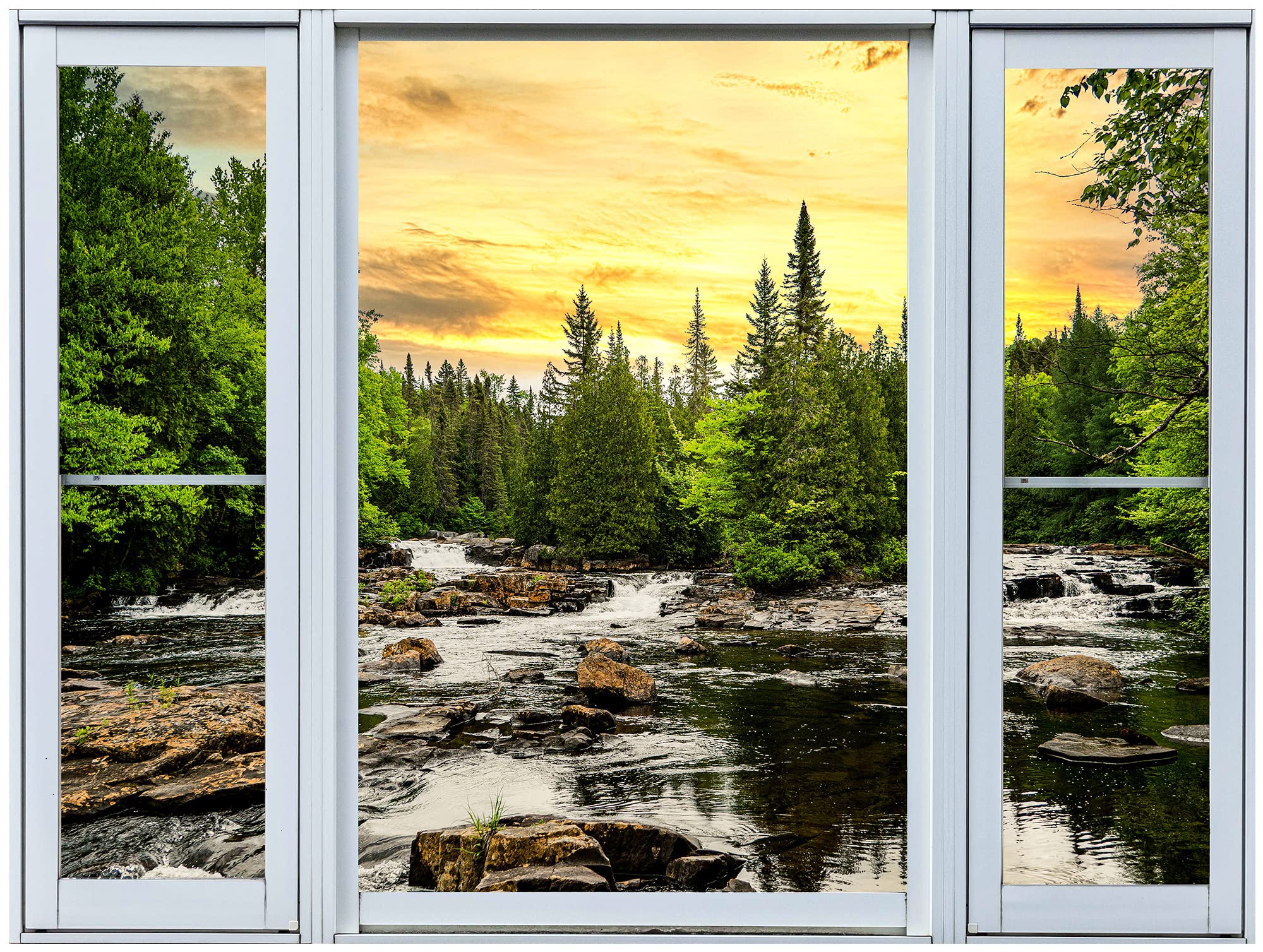Wall26 Removable Wall Sticker/Wall Mural Window View Sunset Dusk Pine Tree Forest Mountain Lake Nature Wilderness Photography Re