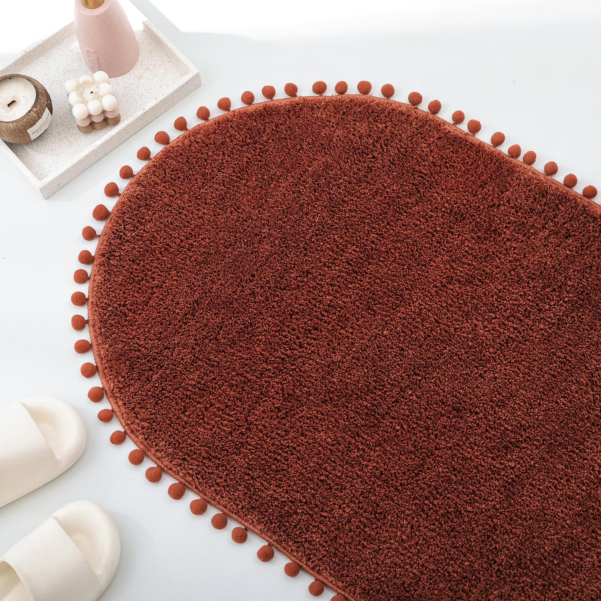 Yirddeo Bath Mat Terracotta Oval Rug With Pom Bathroom Rugs For Bedroom Non Slip Cute Boho Absorbent Mats Soft Plush Washable Ru
