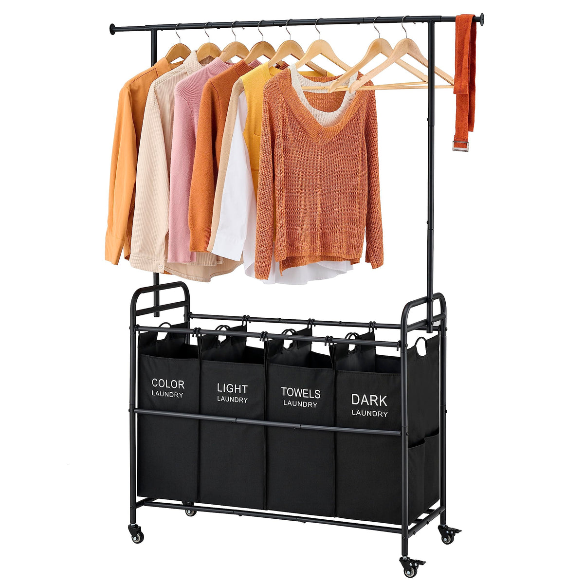 Tajsoon Laundry Sorter Cart With Hanging Clothes Rack, 4 Butler Sorter Basket Organizer, Laundry Hamper Cart With Heavy Duty Rol