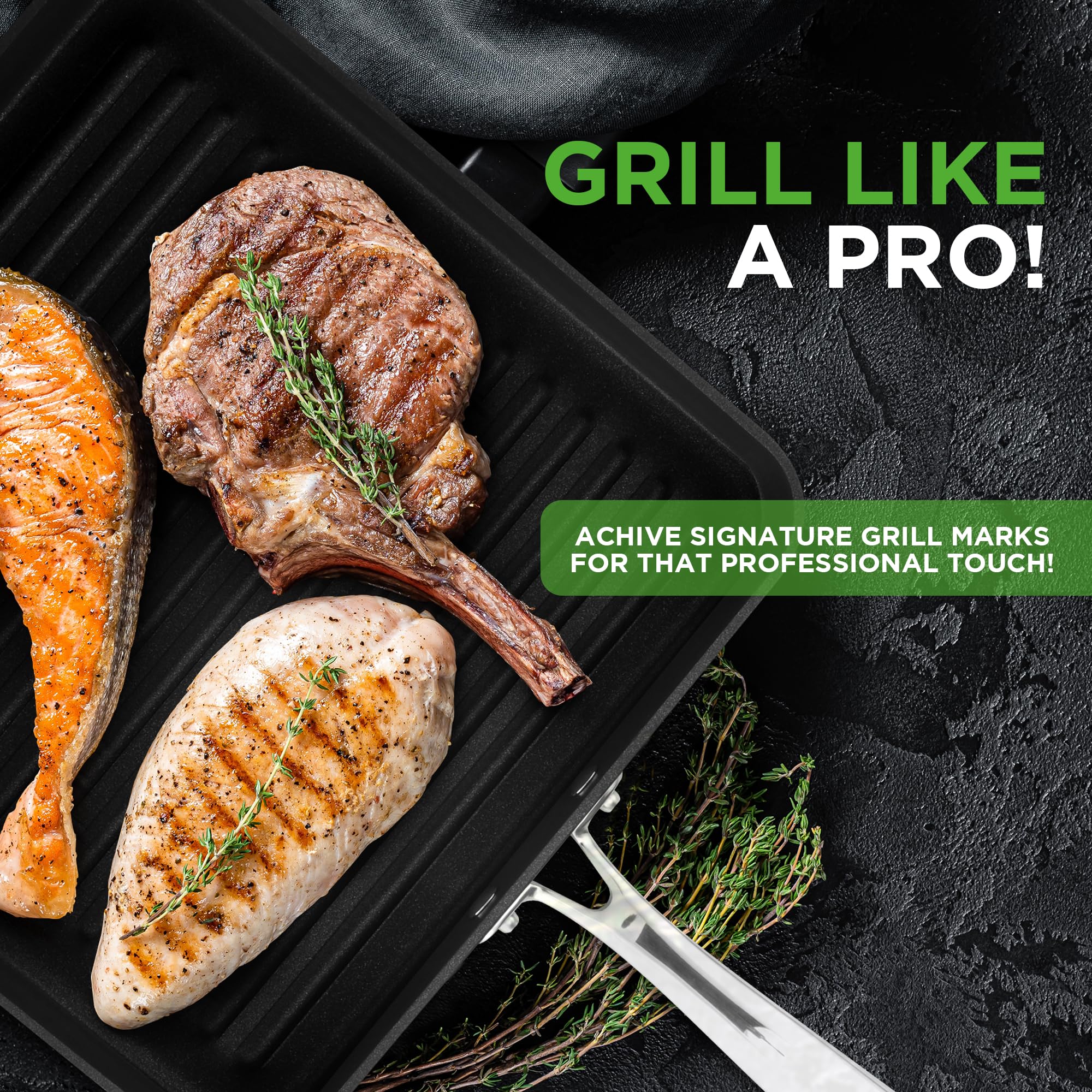 Nutrichef 11'' Square Grill Pan Non Stick - High Ridges, Hard-Anodized, Stove Top Griddle, Strong Handles, Dishwasher Safe