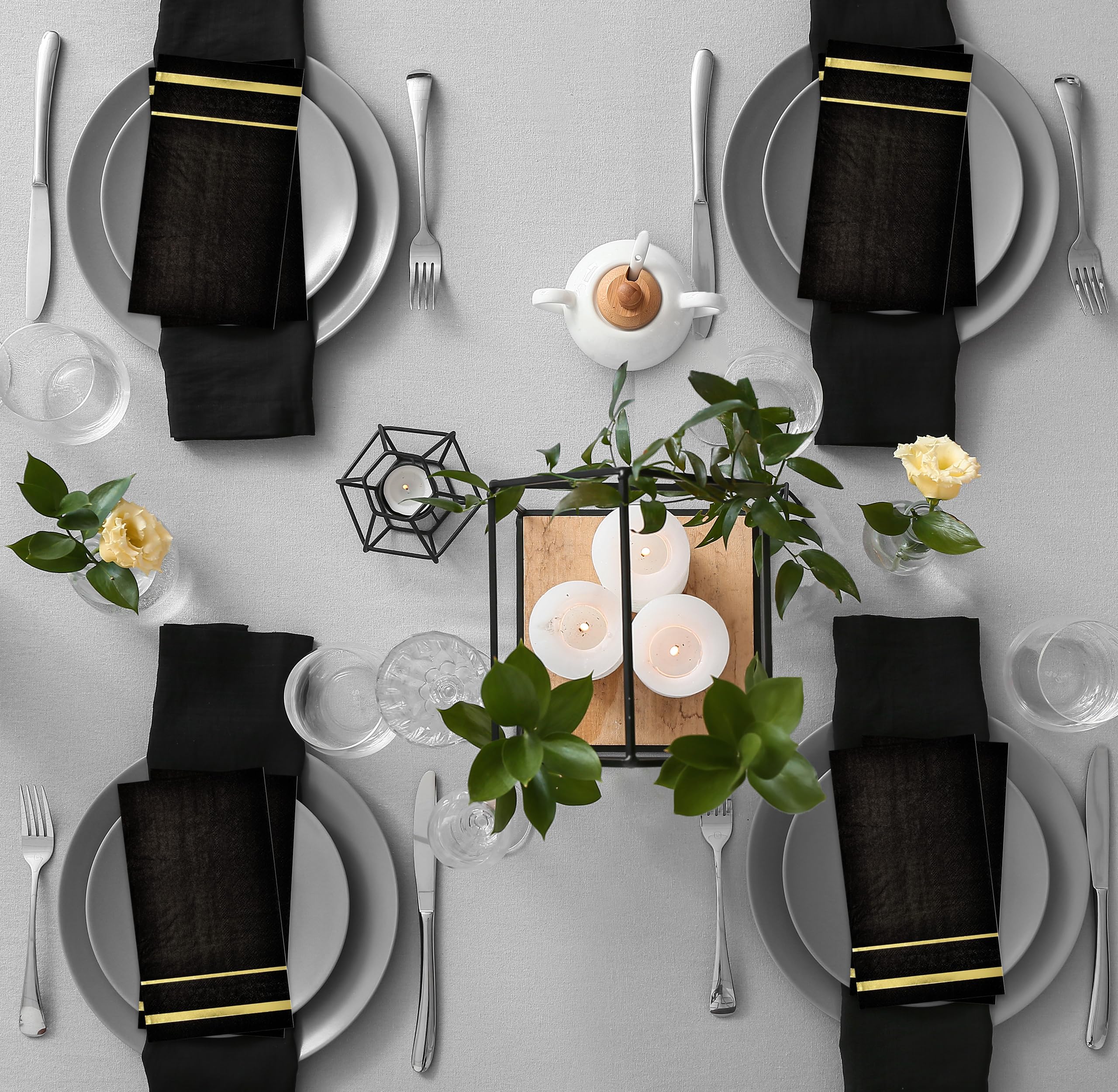 Gift Boutique 100 Gold Trim Lined Black Guest Napkins Disposable Paper Pack Elegant Dinner Hand Napkin for Bathroom Wedding Gold Foil Decorative Towel