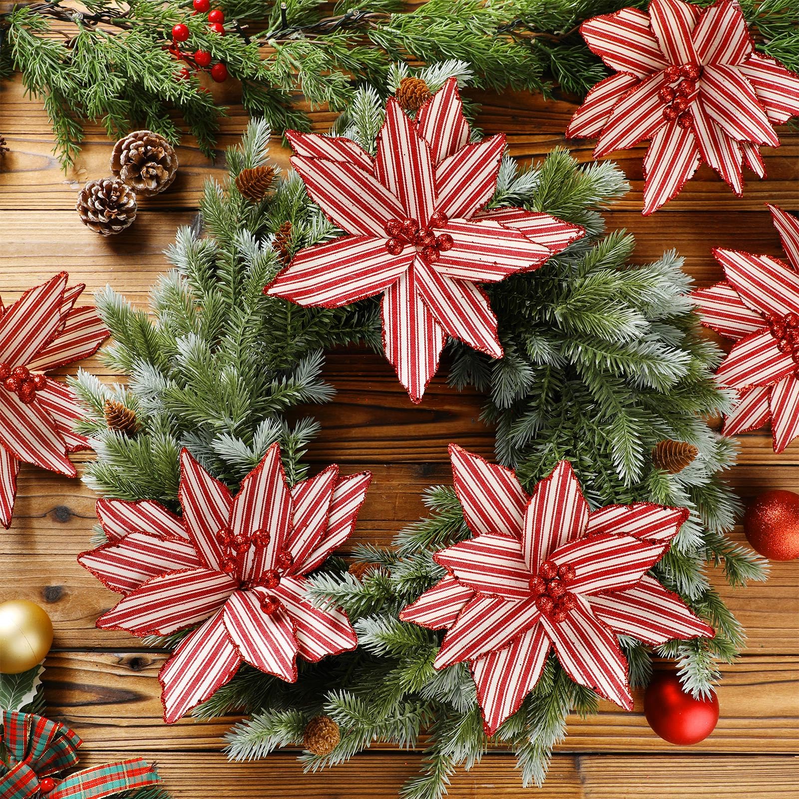 Soulchen 12 Pcs 12 Red and White Christmas Poinsettia Candy Cane Poinsettia Christmas Tree Ornaments Peppermint Flower Tree wi