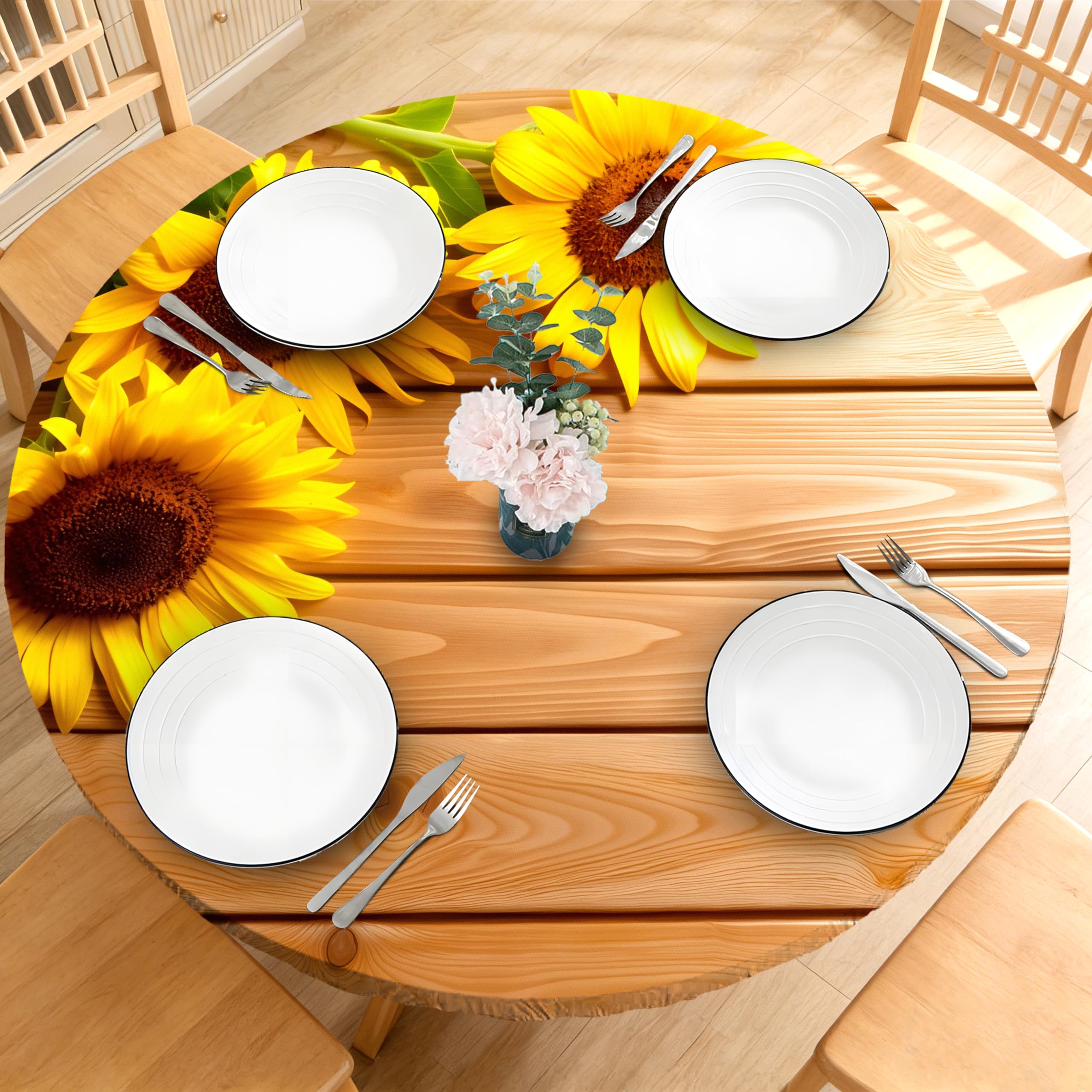 BOOWEATS Wood Grain 48 Inch Round Fitted Cloth Tablecloth with Elastic Edged, Waterproof Oil Proof Wipeable Table Cover for Indo