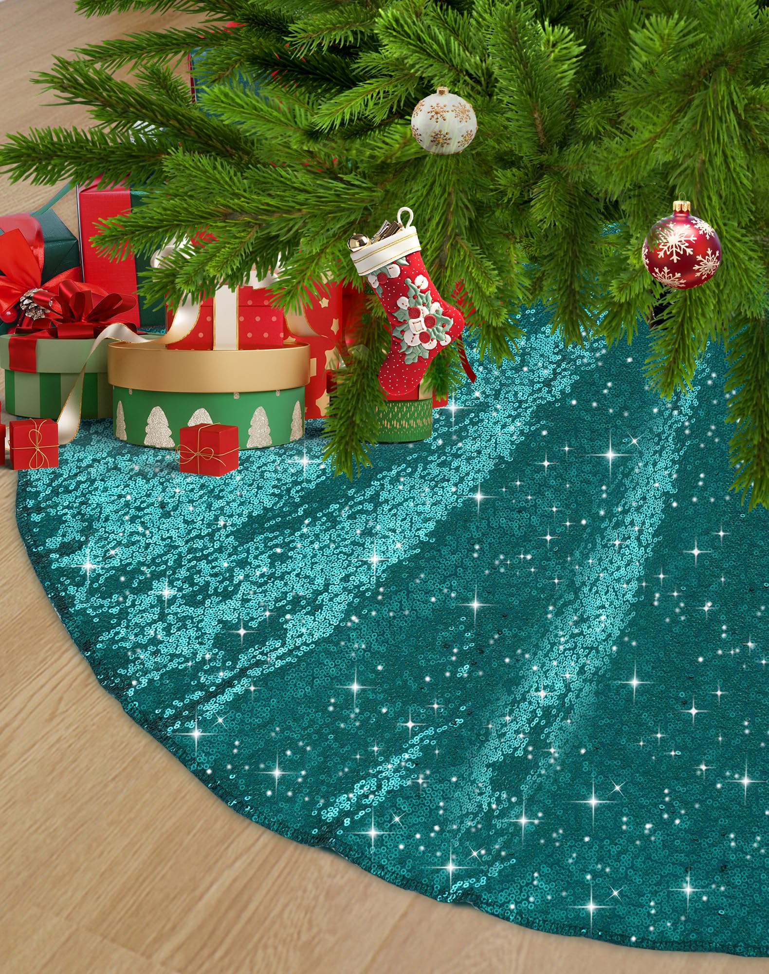 SquarePie Christmas Sequin Tree Skirt Glitter Halloween Decoration 24 Inch Teal Thick Satin Backing