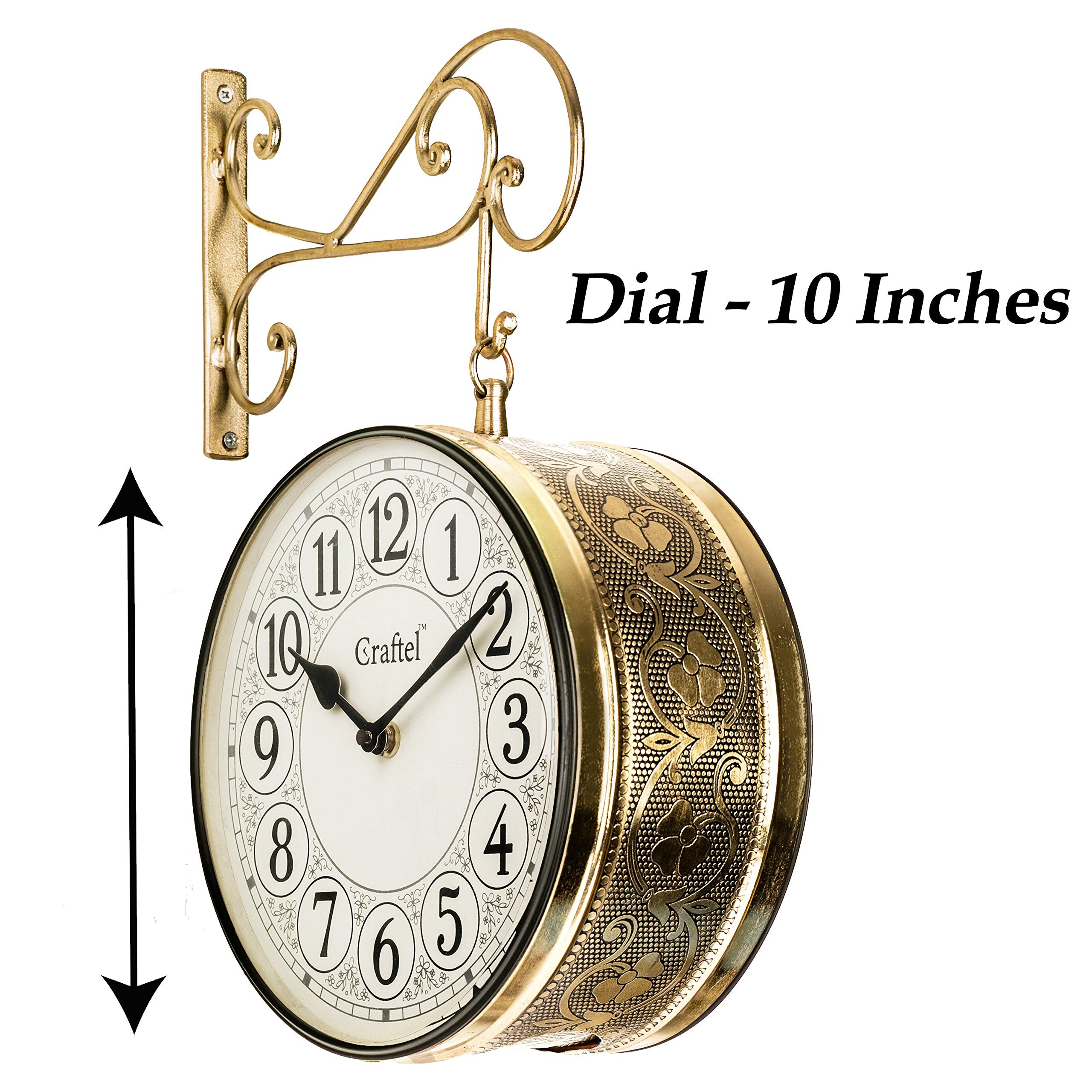 CRAFTEL Metal Analog Double Sided Vintage English Roman Station Wall Clock with Brass in dial (Golden_10 Inches)