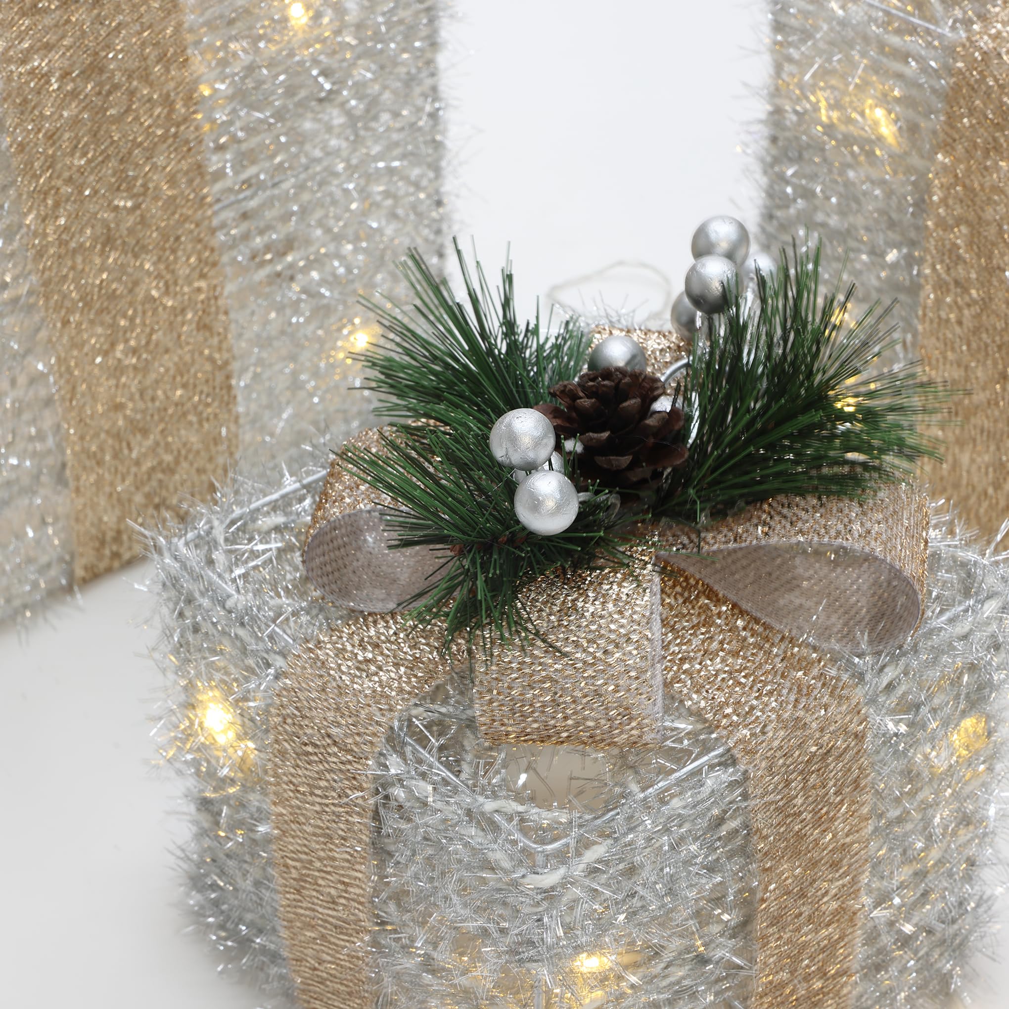 LuxenHome Set of 3 Lighted Gift Boxes, Battery Operated Silver Tinsel with Gold Ribbon Bow Boxes for Xmas, Lawn, Porch, Under Tr