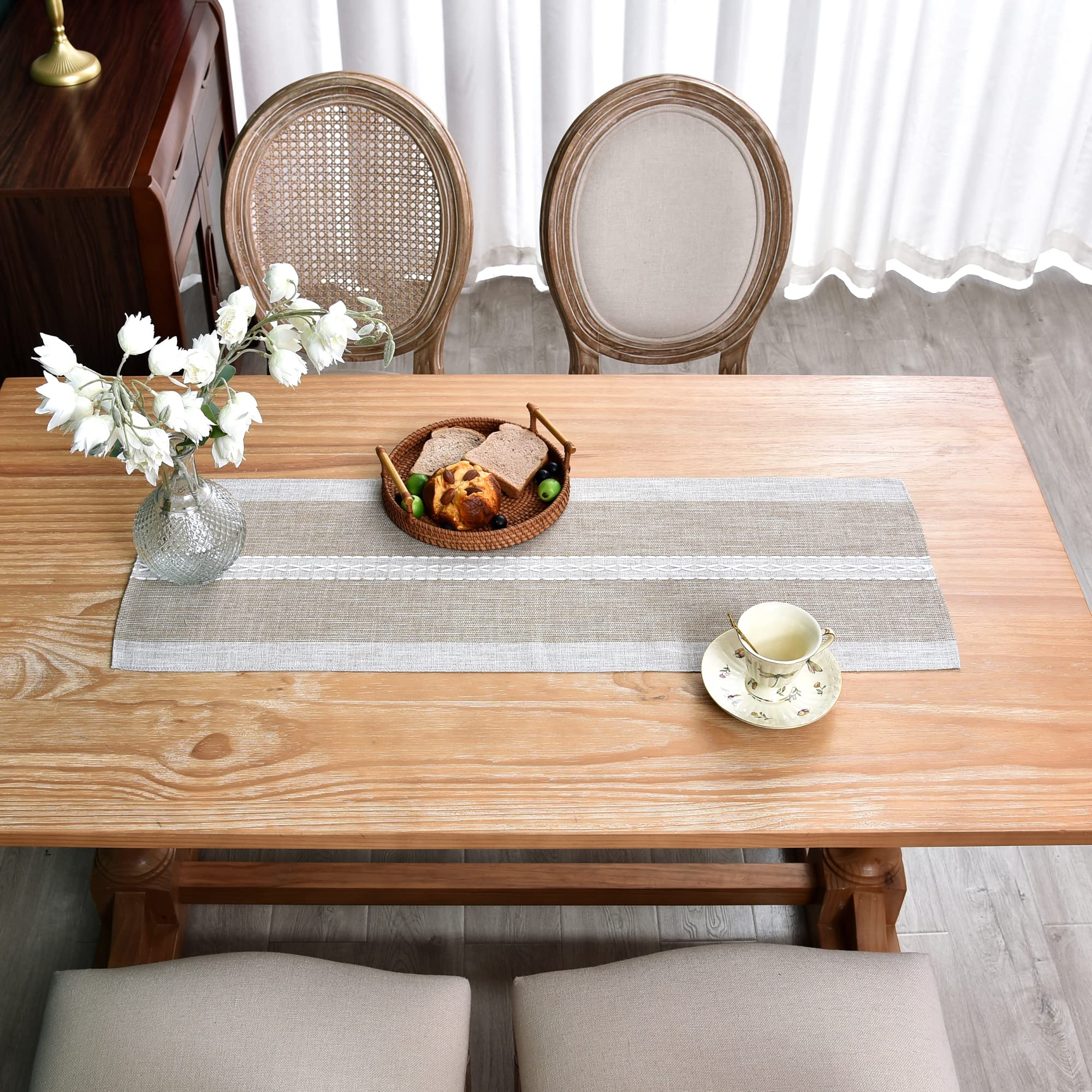 Farmhouse Braided Striped Table Runner Rustic Embroidery Coffee Table Runners For Decorations Weddings Holiday Brown 13X36Inch