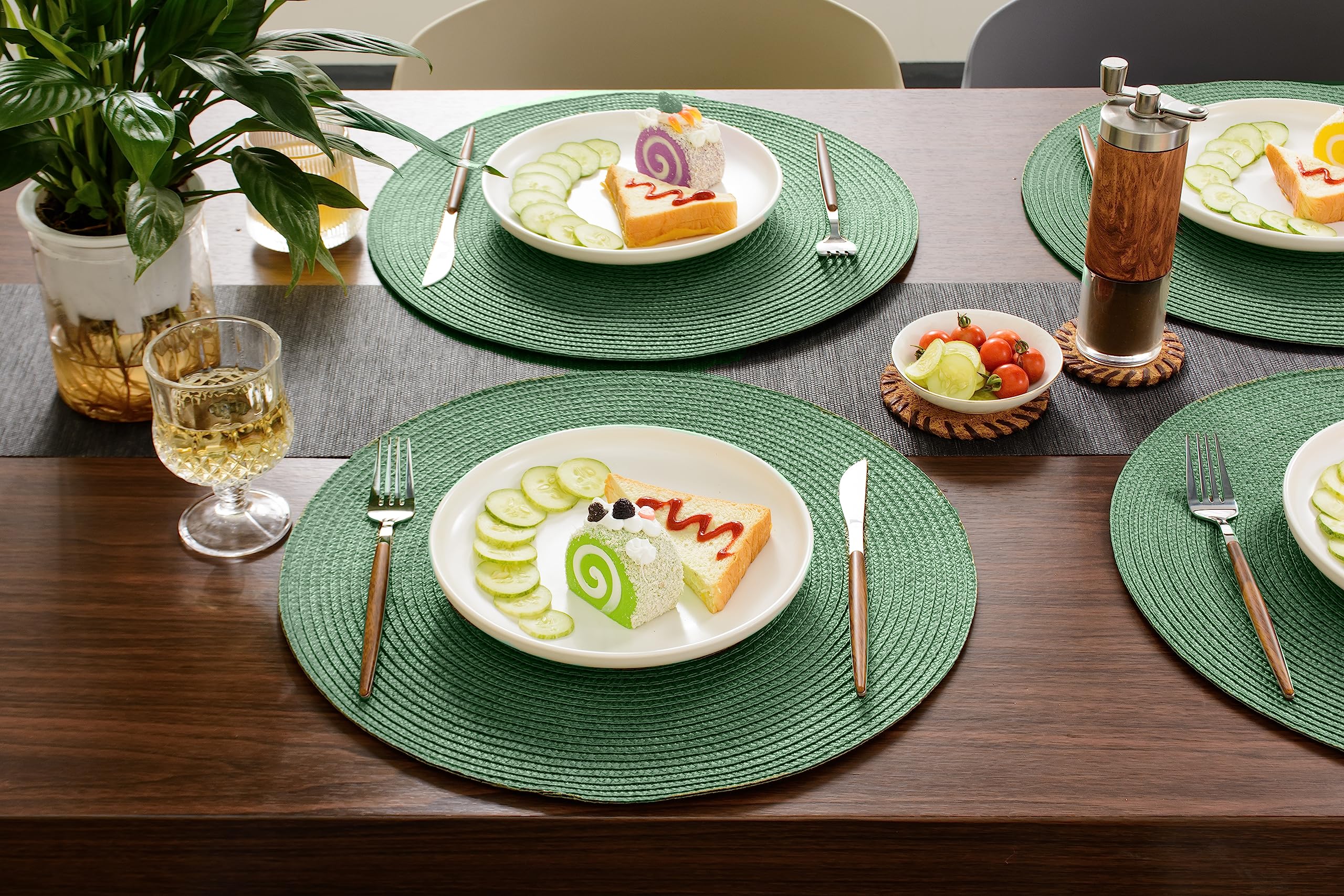 Funwheat Round Braided Placemats Set Of 6 Table Mats For Dining Tables Woven Washable Non-Slip Place Mats 15 Inch (Olive, 6Pcs)
