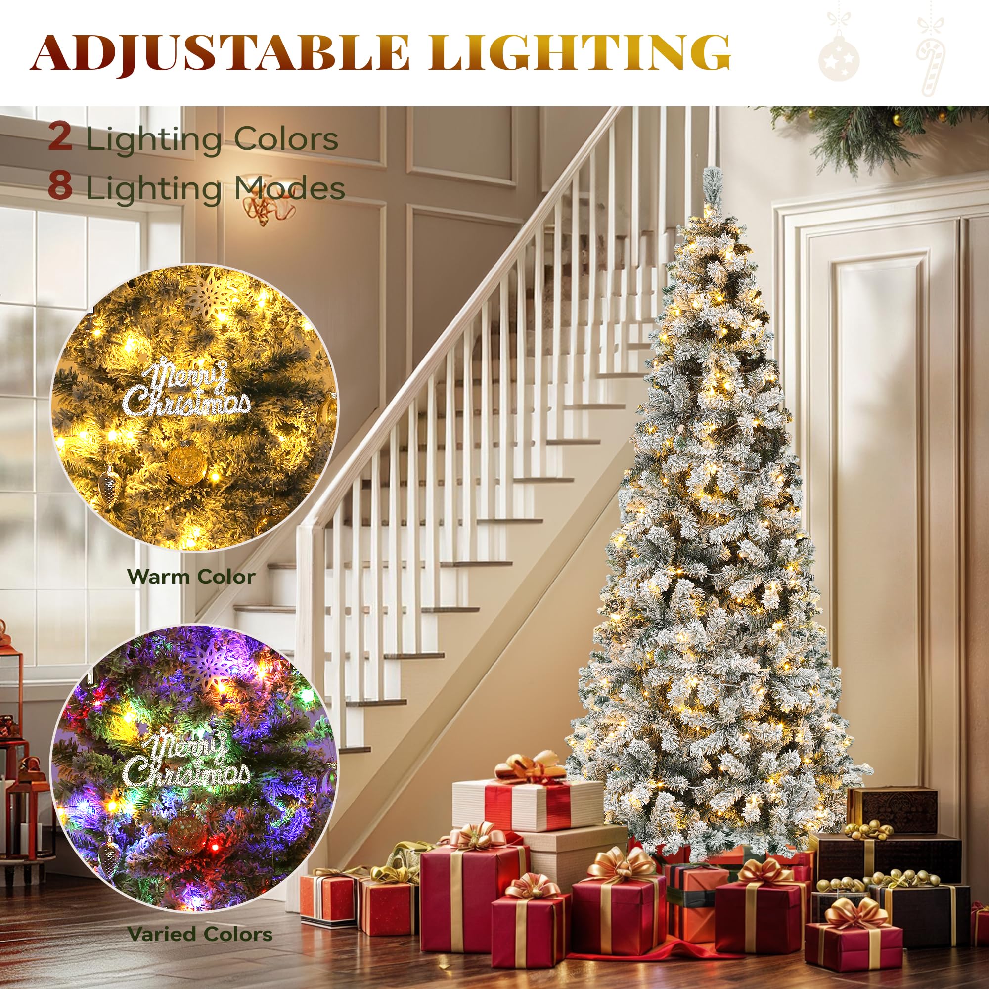 YITAHOME 7.5 FT Snow Flocked Pencil Christmas Tree with Lights, Hinged Slim Corner Xmas Tree w/Remote, Kingswood Fir with 1000 T