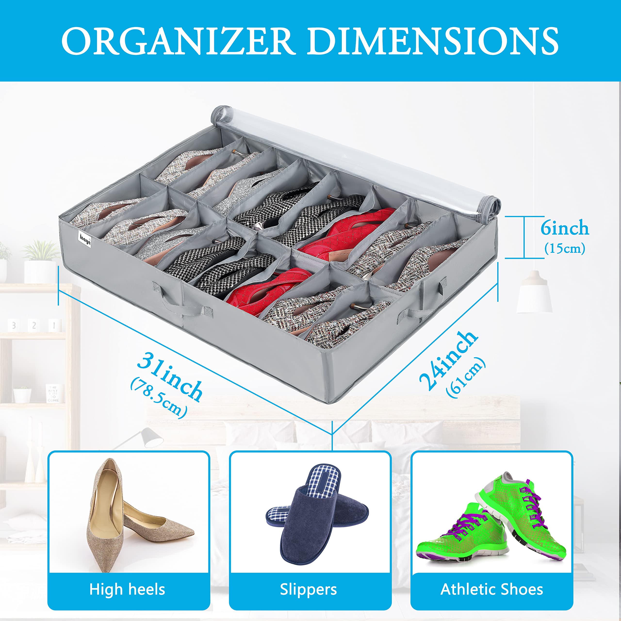 INAYA Under Bed Shoe Storage Organizer 2 Pack, Fits 32 Pairs, Large Underbed Shoe Box Storage Containers, Clear Foldable Shoes O