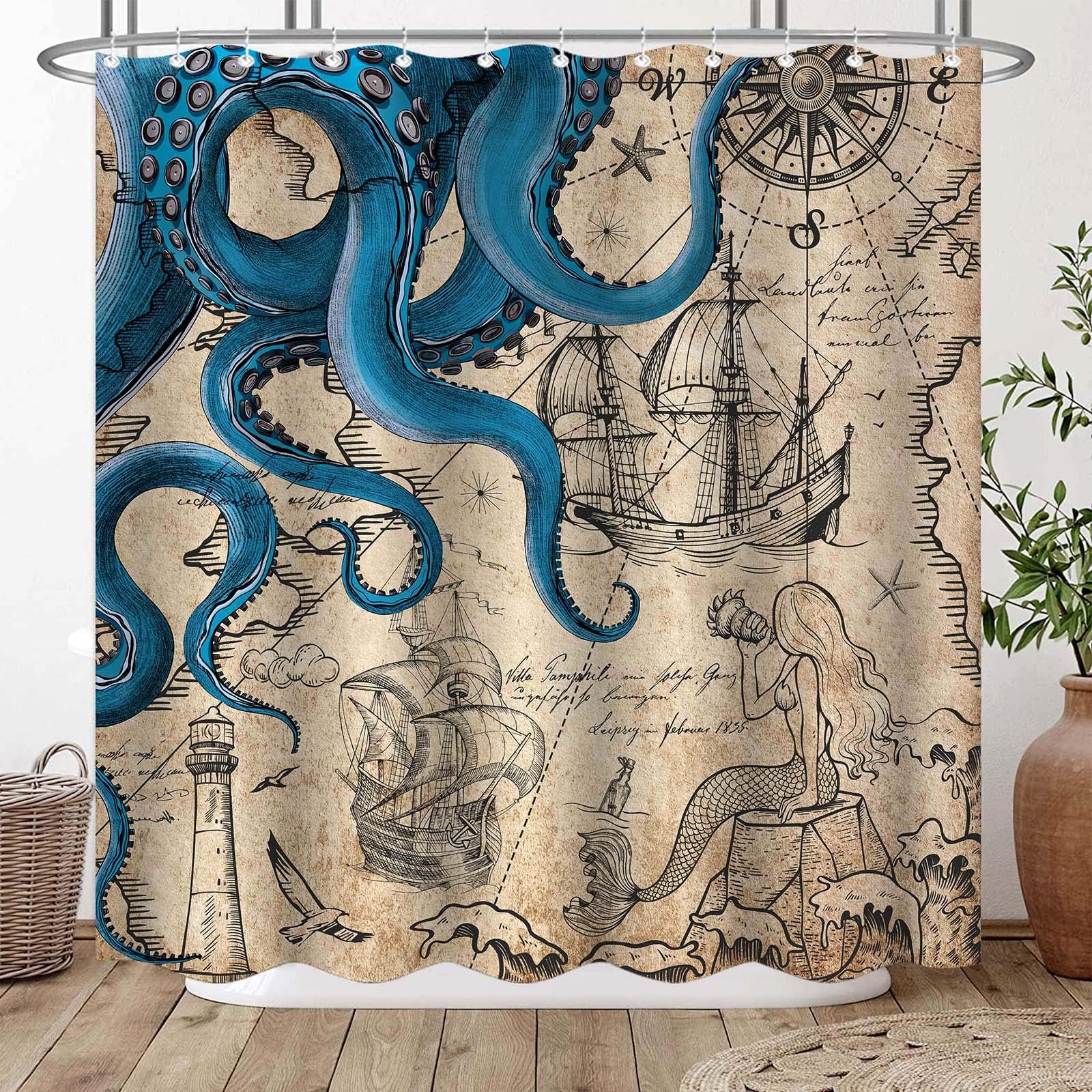 Fungarth Vintage Nautical Octopus Shower Curtain Navy Blue Mermaid Funny Ocean Kraken Shower Curtains For Bathroom Anchor Coasta