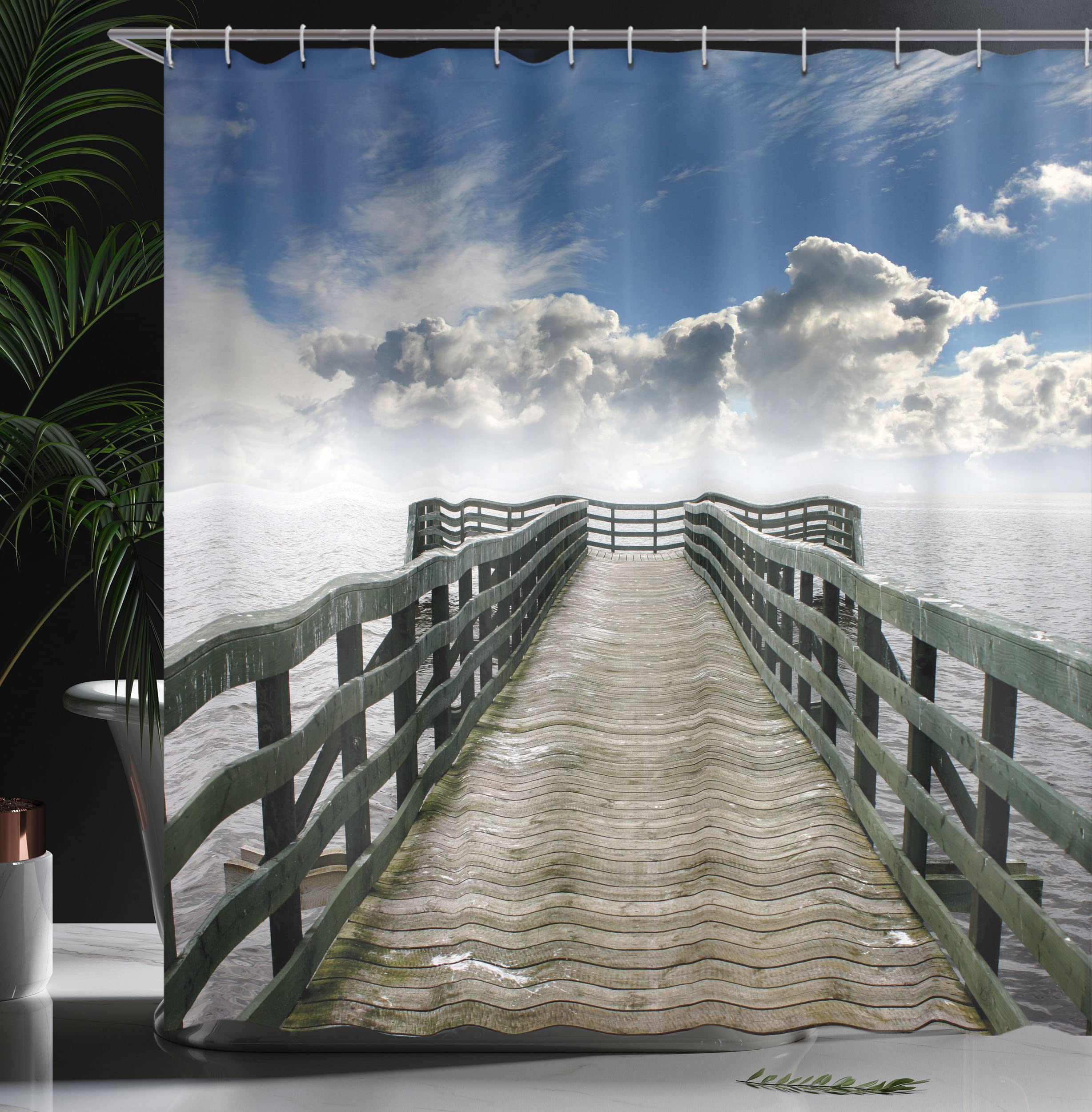 Ambesonne Seascape Shower Curtain, Seaside Banister Clouds Beige Foggy Morning And Ocean Seascape View Image, Cloth Fabric Bathr