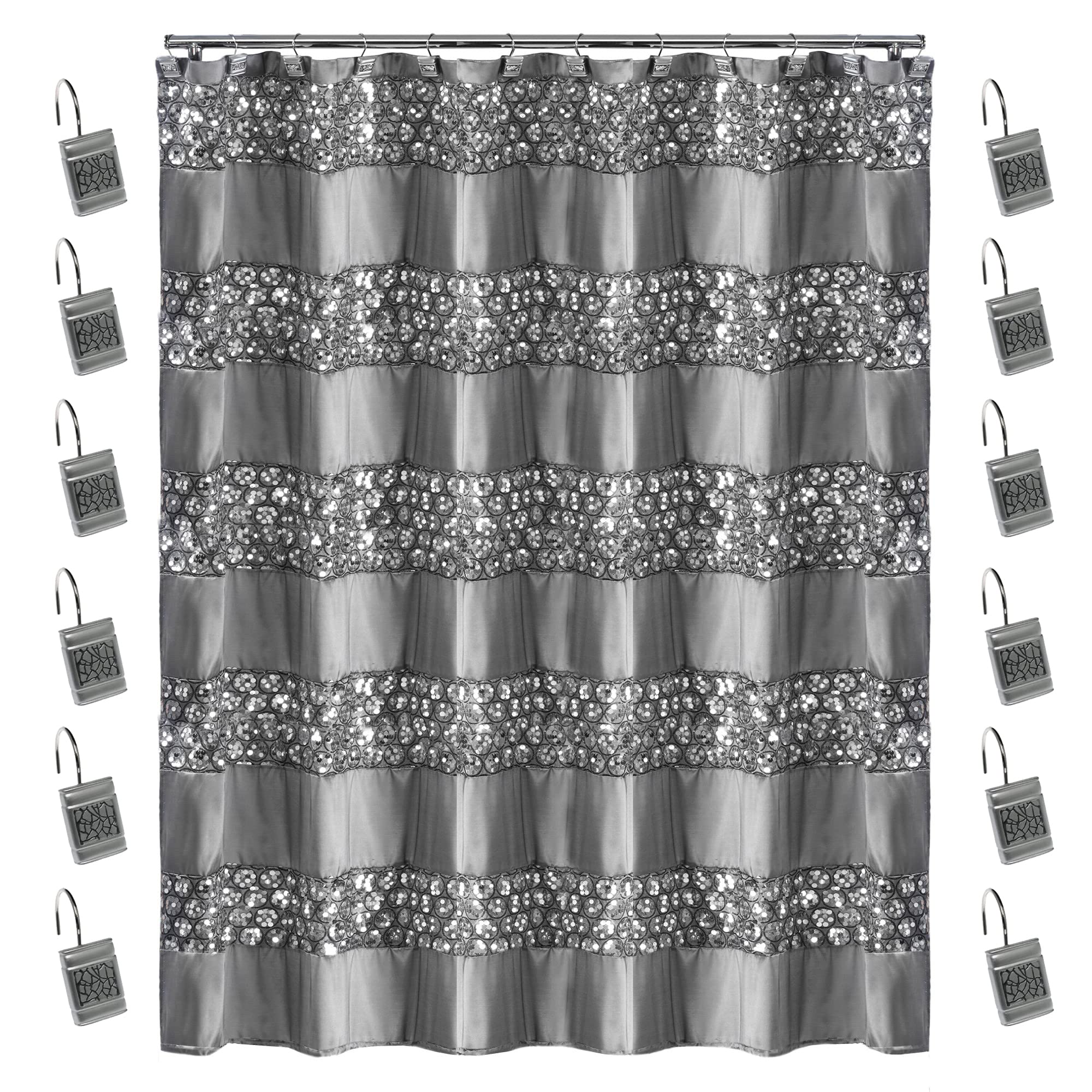 Zahari Home 13pc Sinatra Bathroom Shower Curtain Set Classic Shower Curtain & 12 Shower Curtain Hooks Luxury Fabric Shower Curtain Unique Design Bling Silver Shower Curtain Set
