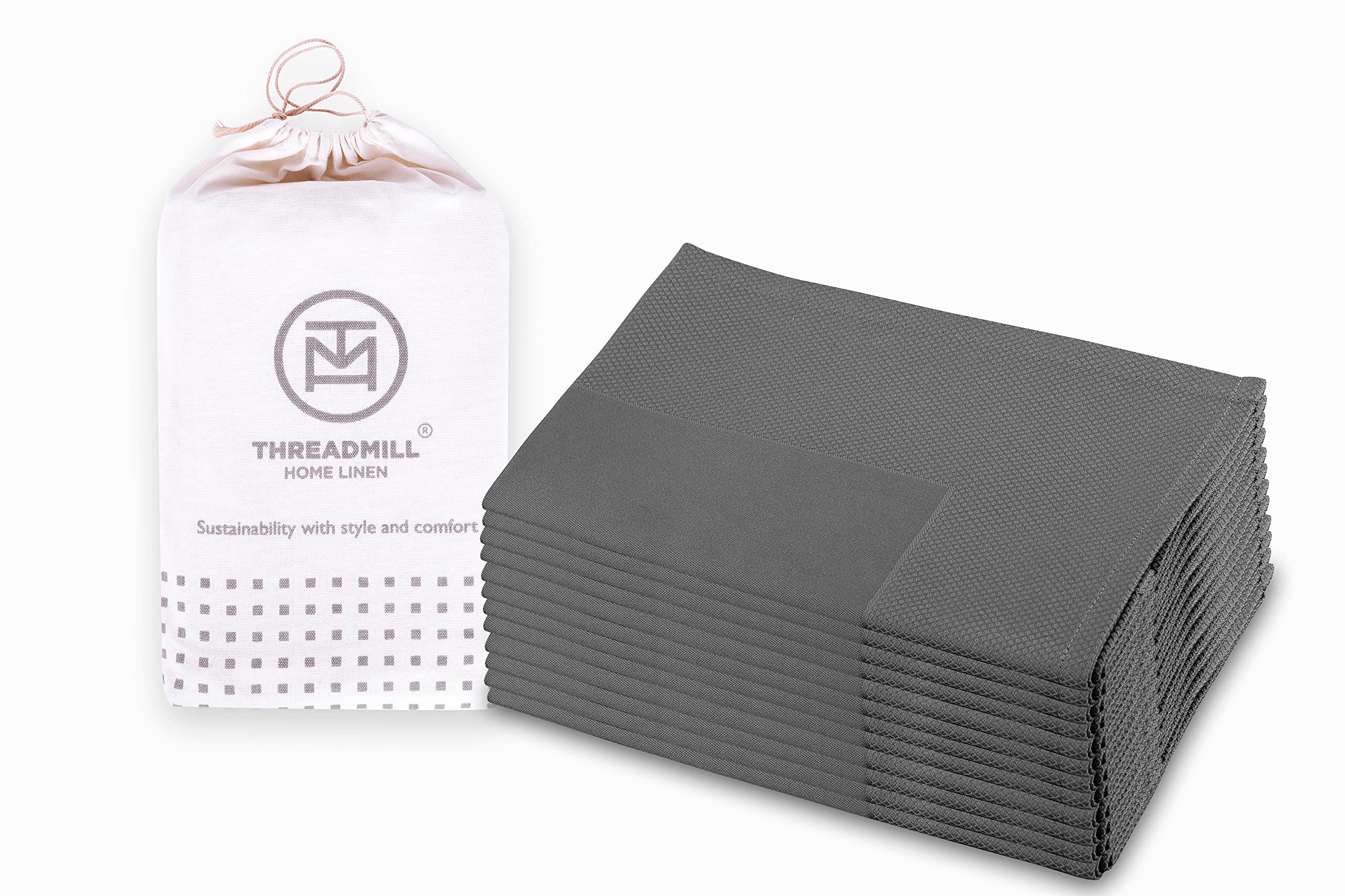 Threadmill Dark Grey Cloth Napkins Set Of 12 Cotton, Reusable 20 X 20 Inch Jacquard Napkins Cloth Washable, Dinner Napkins Perfe