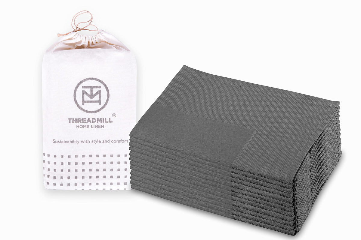 Threadmill Dark Grey Cloth Napkins Set Of 12 Cotton, Reusable 20 X 20 Inch Jacquard Napkins Cloth Washable, Dinner Napkins Perfe
