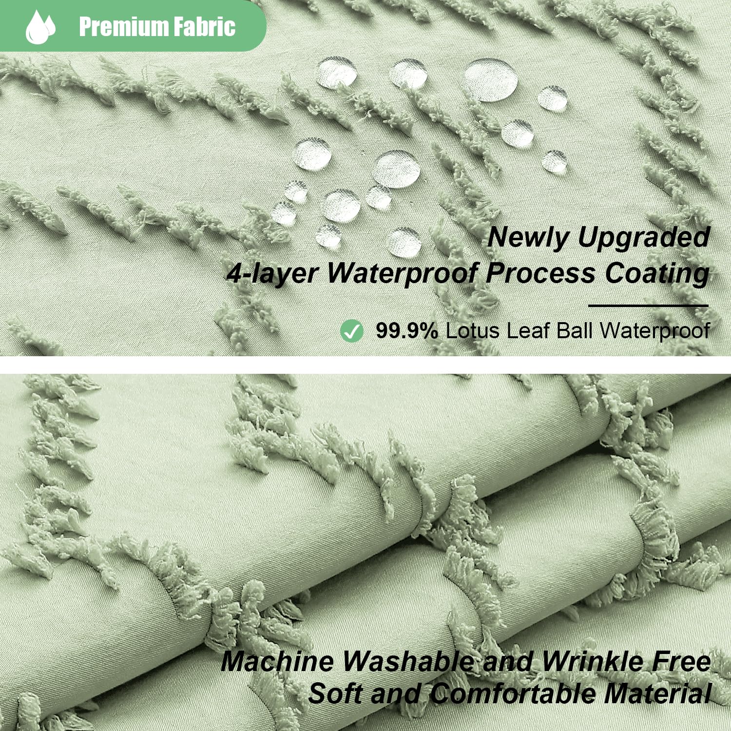 Dynamene Boho Farmhouse Shower Curtain, Sage Green Fabric Tufted Chevron Striped Textured Tassel Shower Curtains For Bathroom, W