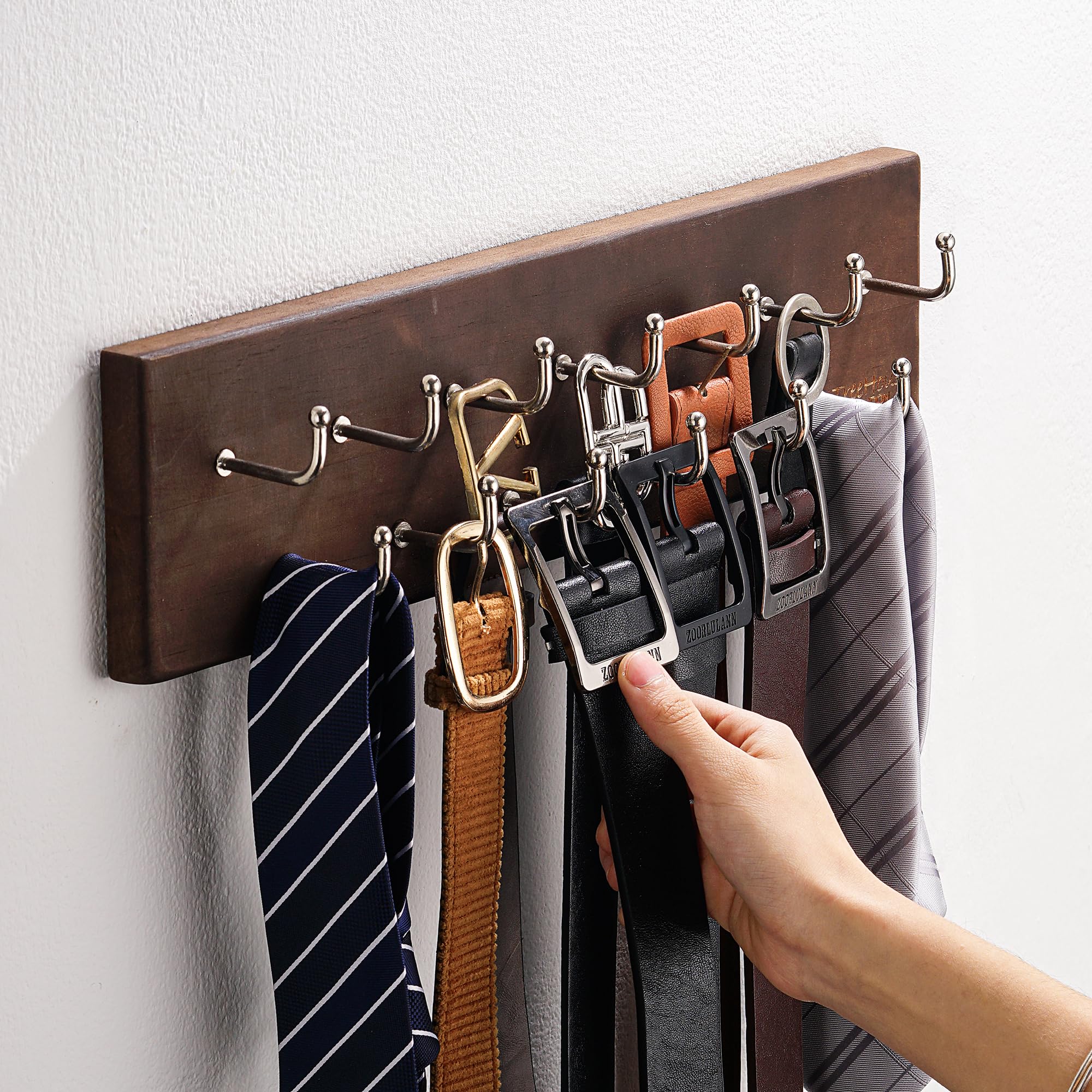 Treehouse Belt Organizer Rack, Holds Over 28 Large Belts, Sturdy Metal & Sturdy Wood Storage Holder For Closet, Versatile, Wall