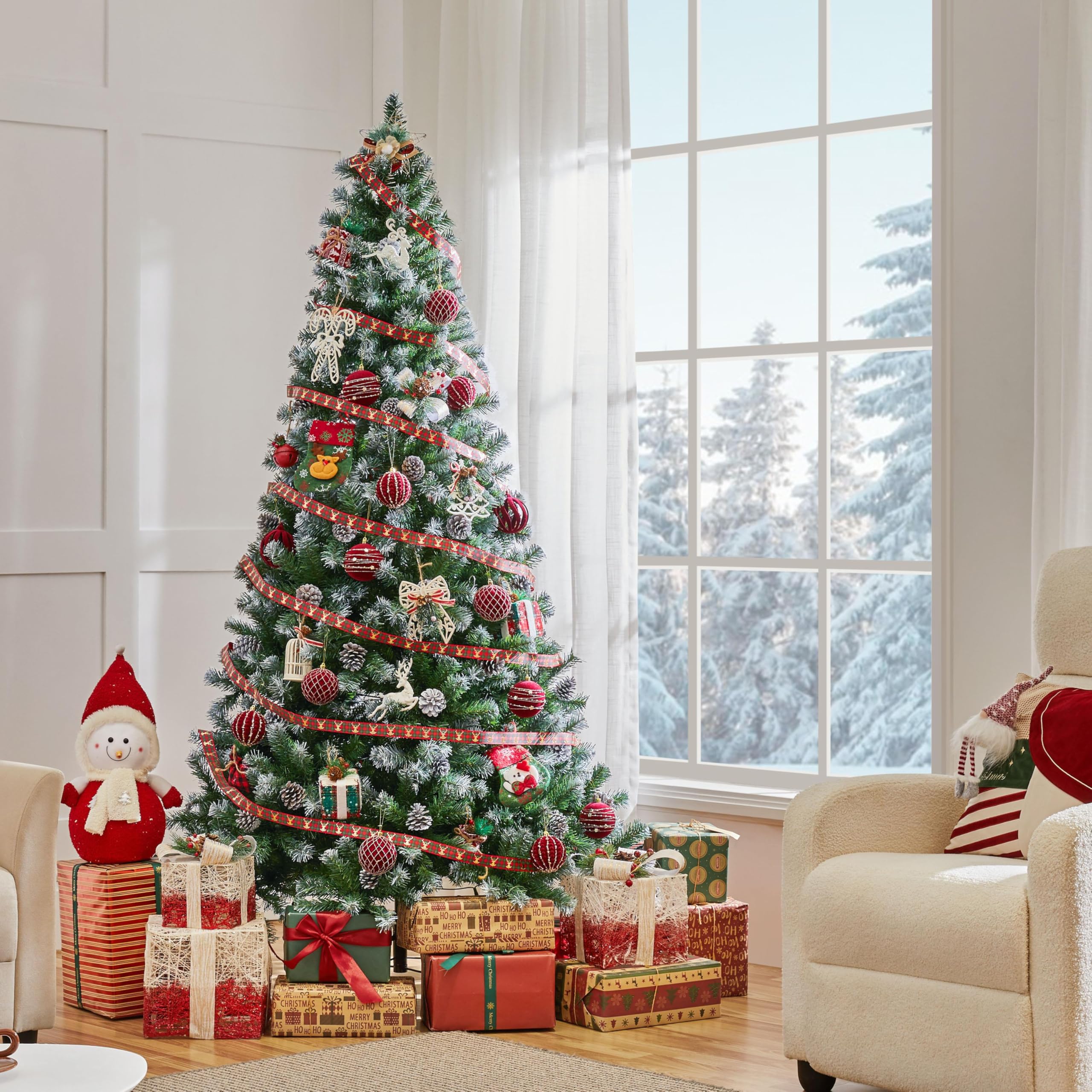 Yaheetech 6ft Artificial Christmas Tree, Snow Flocked Christmas Tree w/64 Pinecones, 920 Frosted Tips, Pre-Decorated Tree for Ho