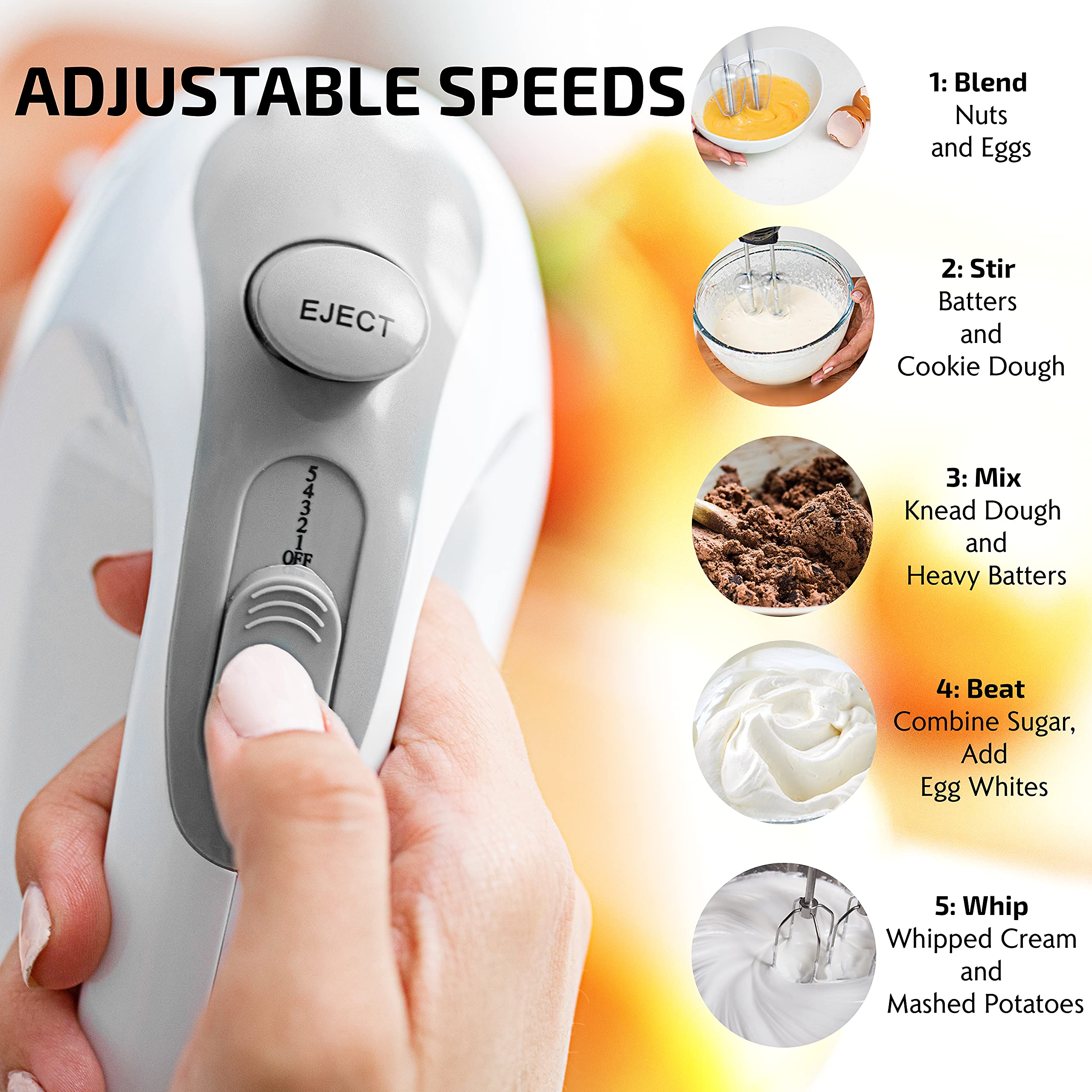 Ovente Portable 5 Speed Mixing Electric Hand Mixer With Stainless Steel Whisk Beater Attachments & Snap Storage Case, Compact Li