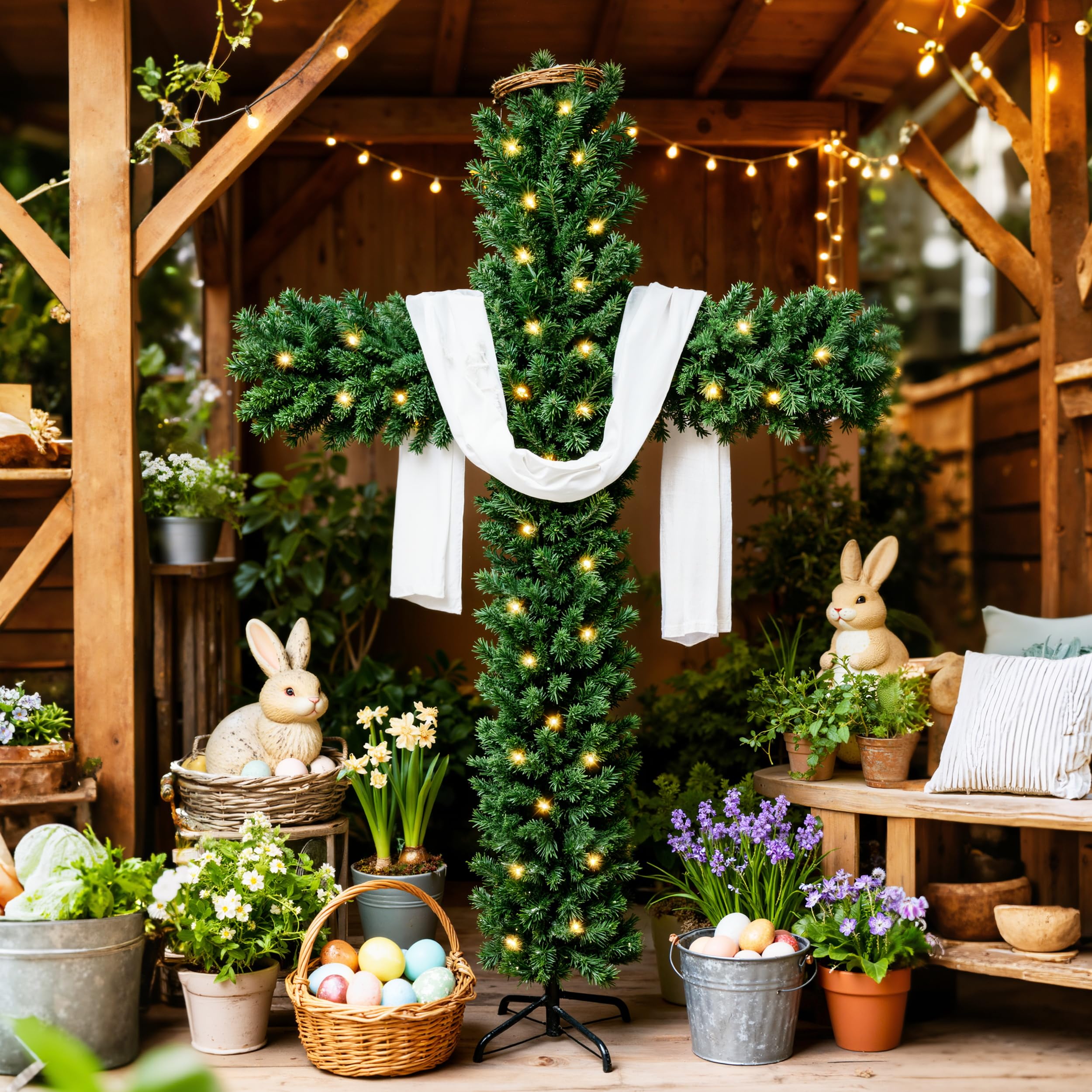 6ft Skinny Cross Christmas Tree with 33ft Plug-in String Lights(100 Bulbs) & White Silk Scarf & Crown of Thorns, Jesus Christ Ca