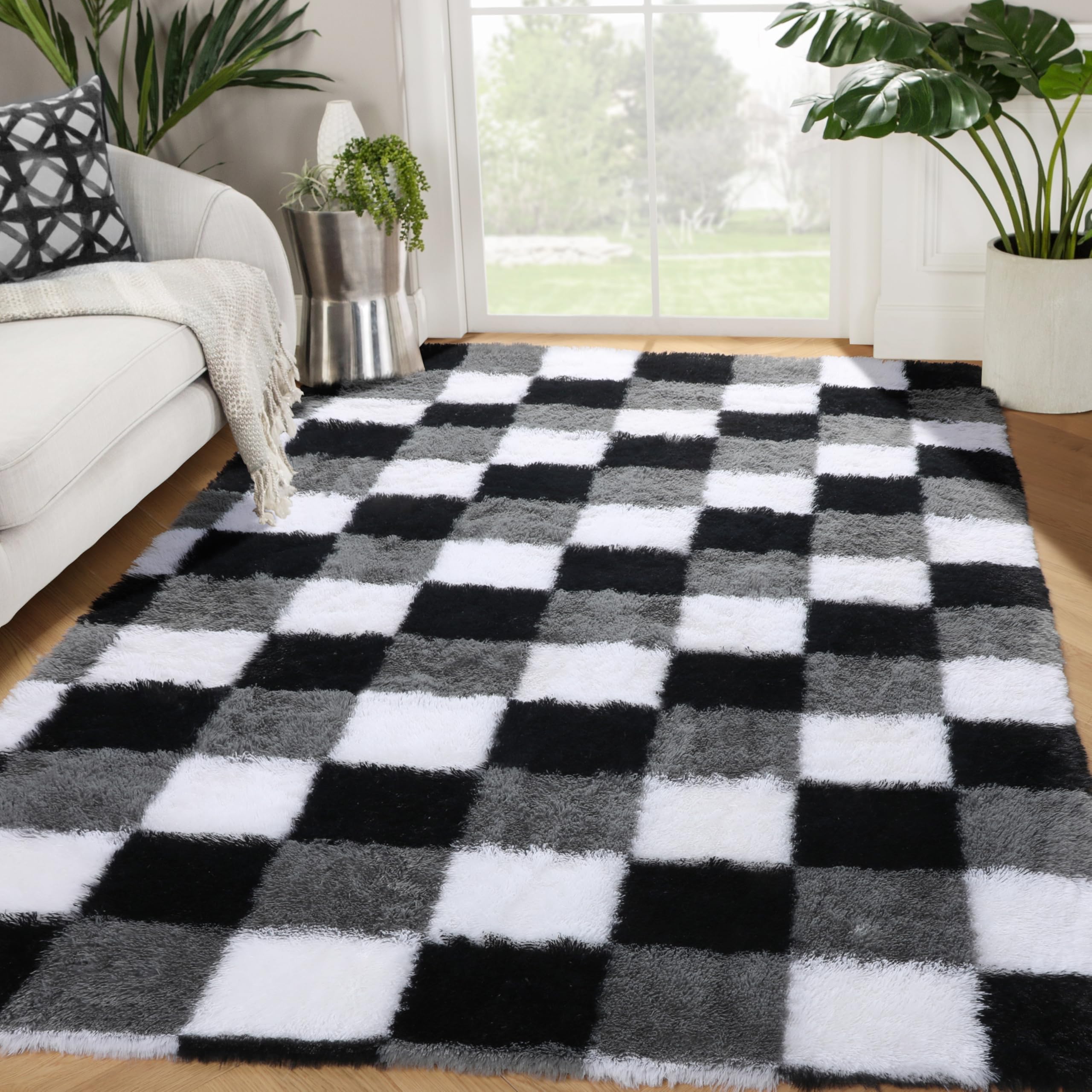 KICMOR Area Rugs for Bedroom Living Room, 4x6 Fluffy Soft Black White Grey Checkered Rug Fuzzy Shag Shaggy Floor Carpet, Indoor 