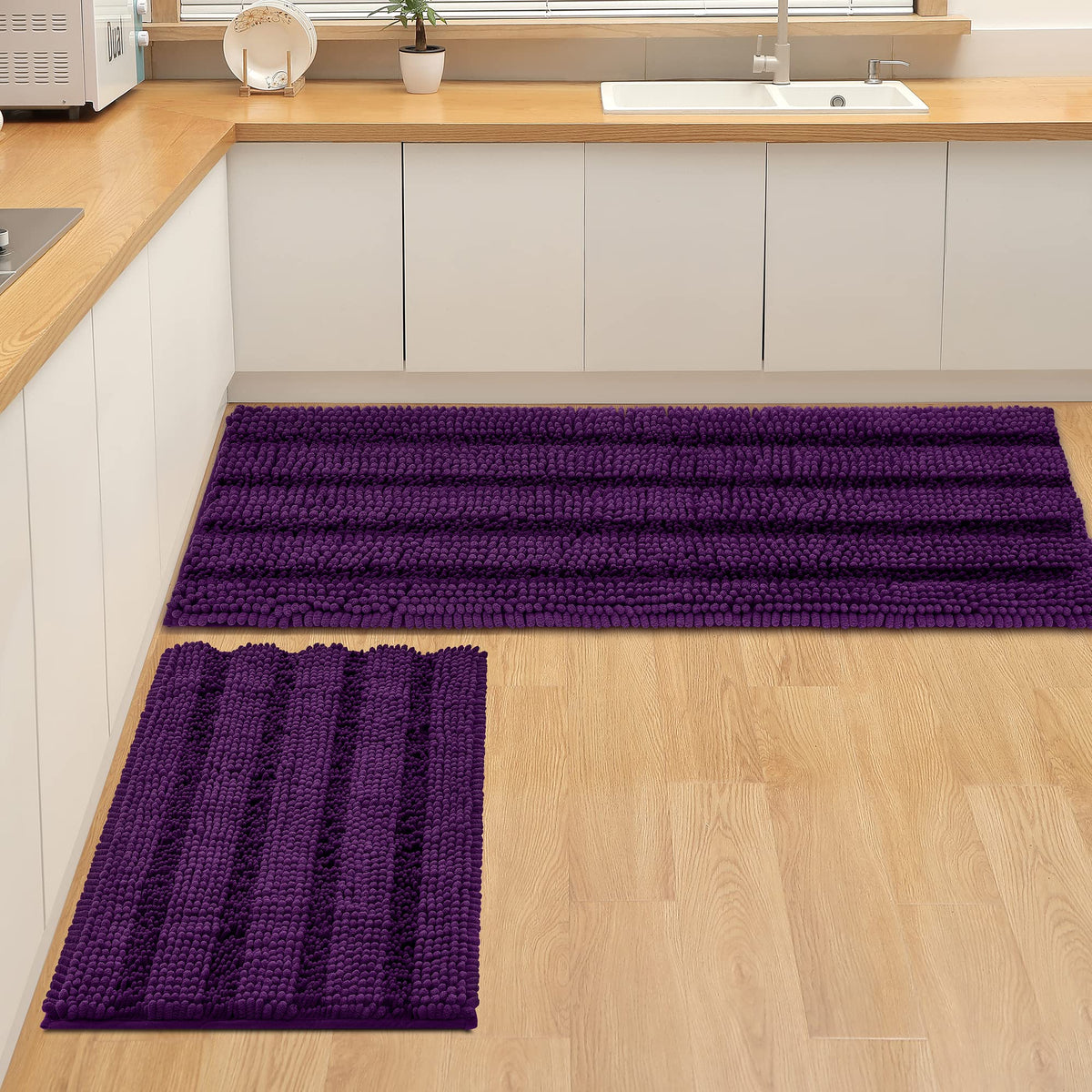 Floleopa Non Slip Thick Shaggy Chenille Plum Bathroom Rug Sets 2 Piece, Thickened Hot Melt Rubber Bottom Bath Mats For Bathroom,