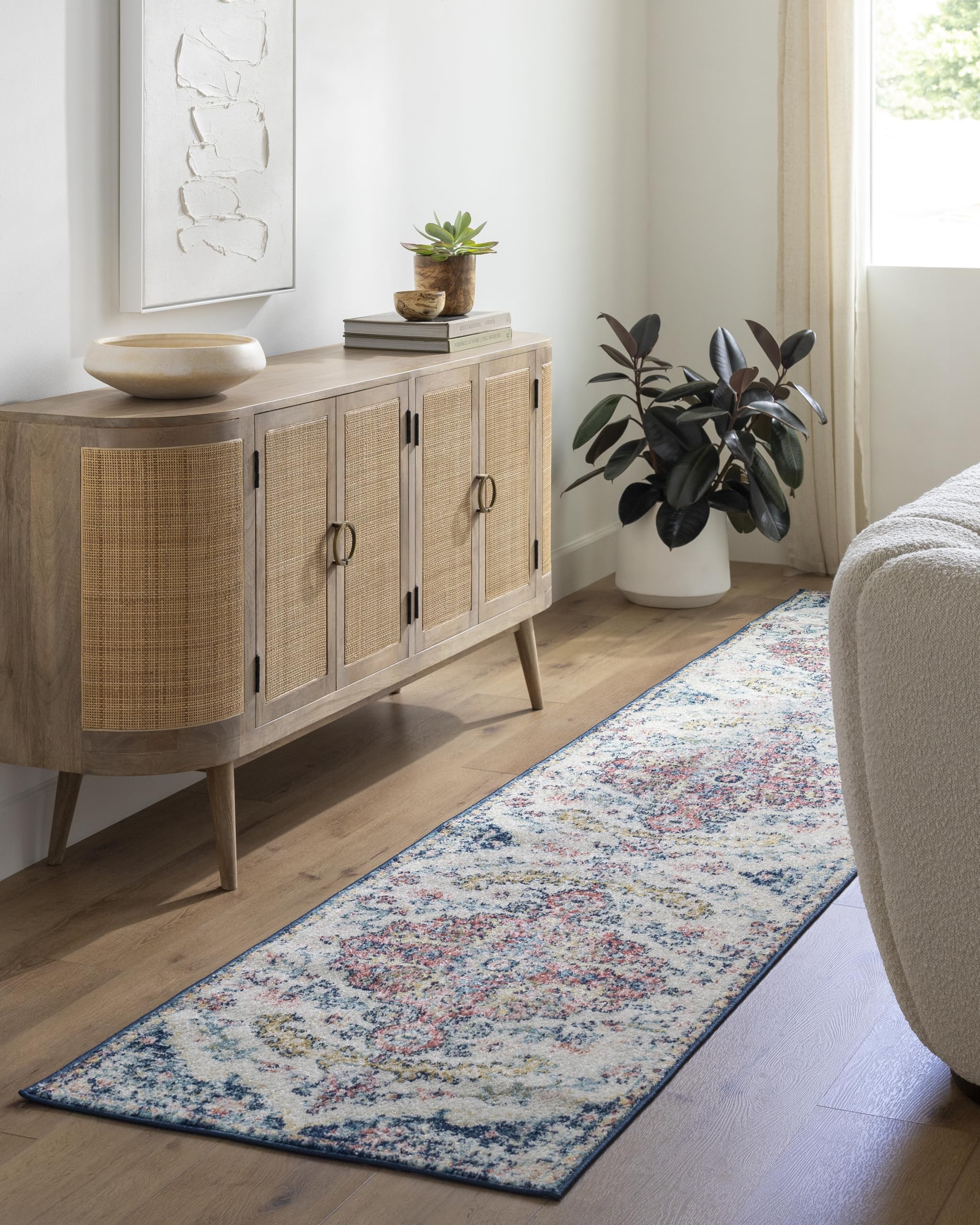 Livabliss Area Rugs - 7x7 Odelia Vintage Boho Aqua Burgandy Blue Square Area Rug for Living Room Bedroom - Floral Medallion Stai