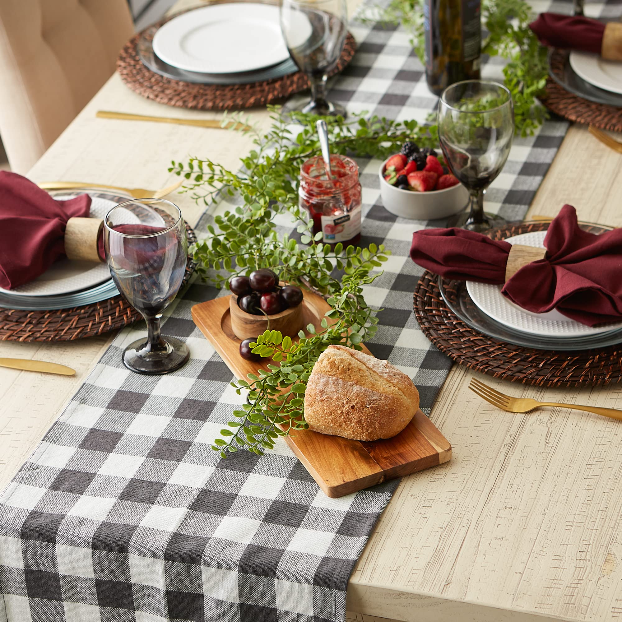 DII Heavyweight Fringed Check Tabletop Collection  Table Runner  14x72  Mineral