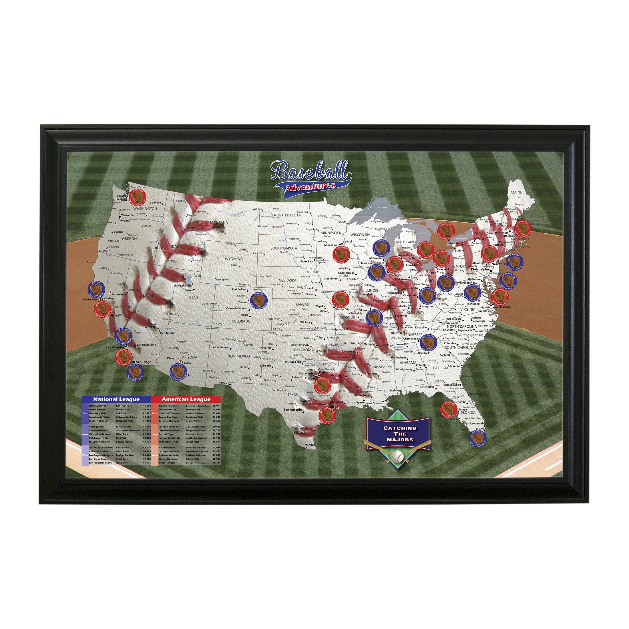 Baseball Adventures Push Pin Travel Map With Black Frame And Pins - 27.5 Inches X 39.5 Inches
