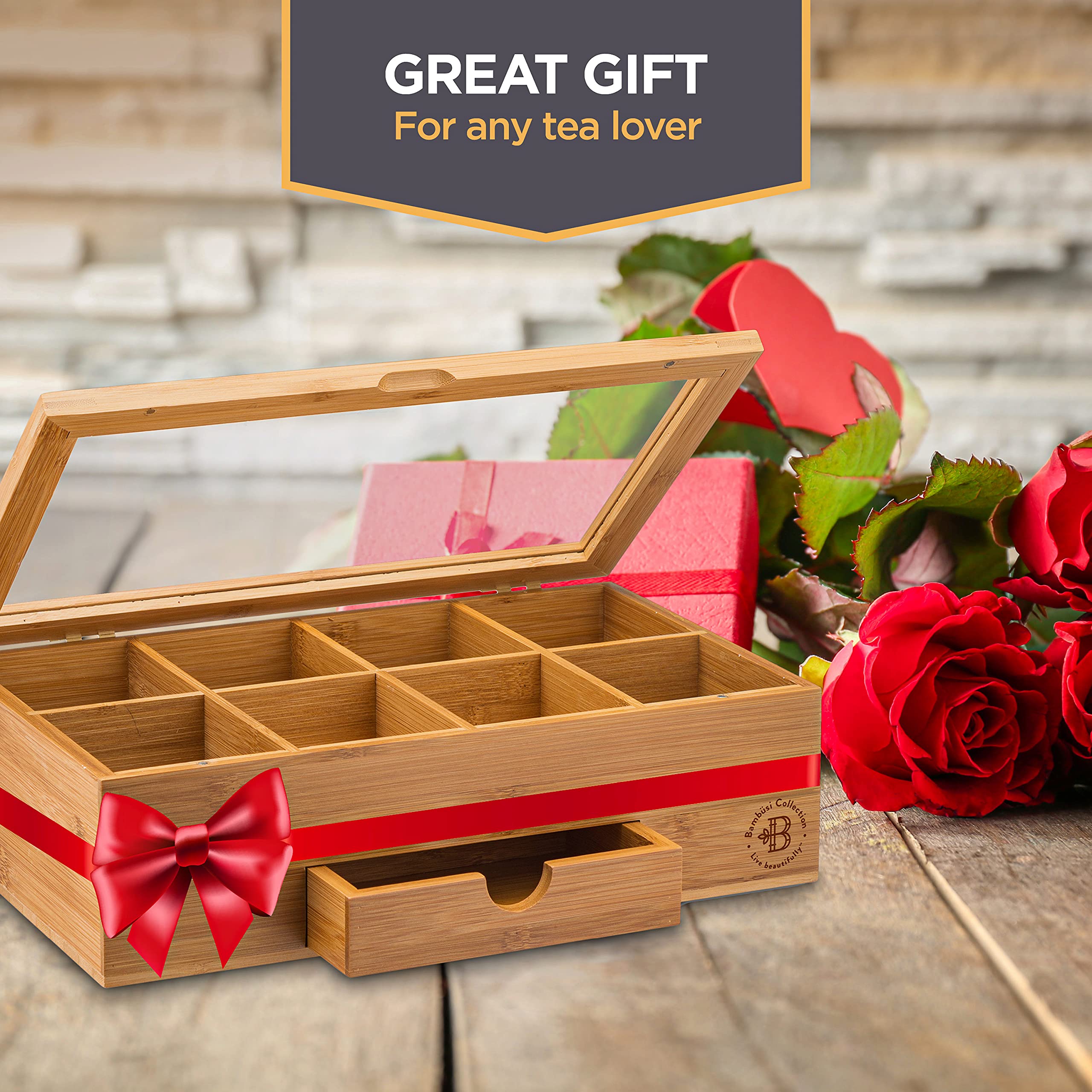 Bambüsi Bamboo Tea Bag Organizer Storage Box with Drawer - 3.9x12.9x7.9 inches - Magnetic Lid - Ideal Gift for Mom