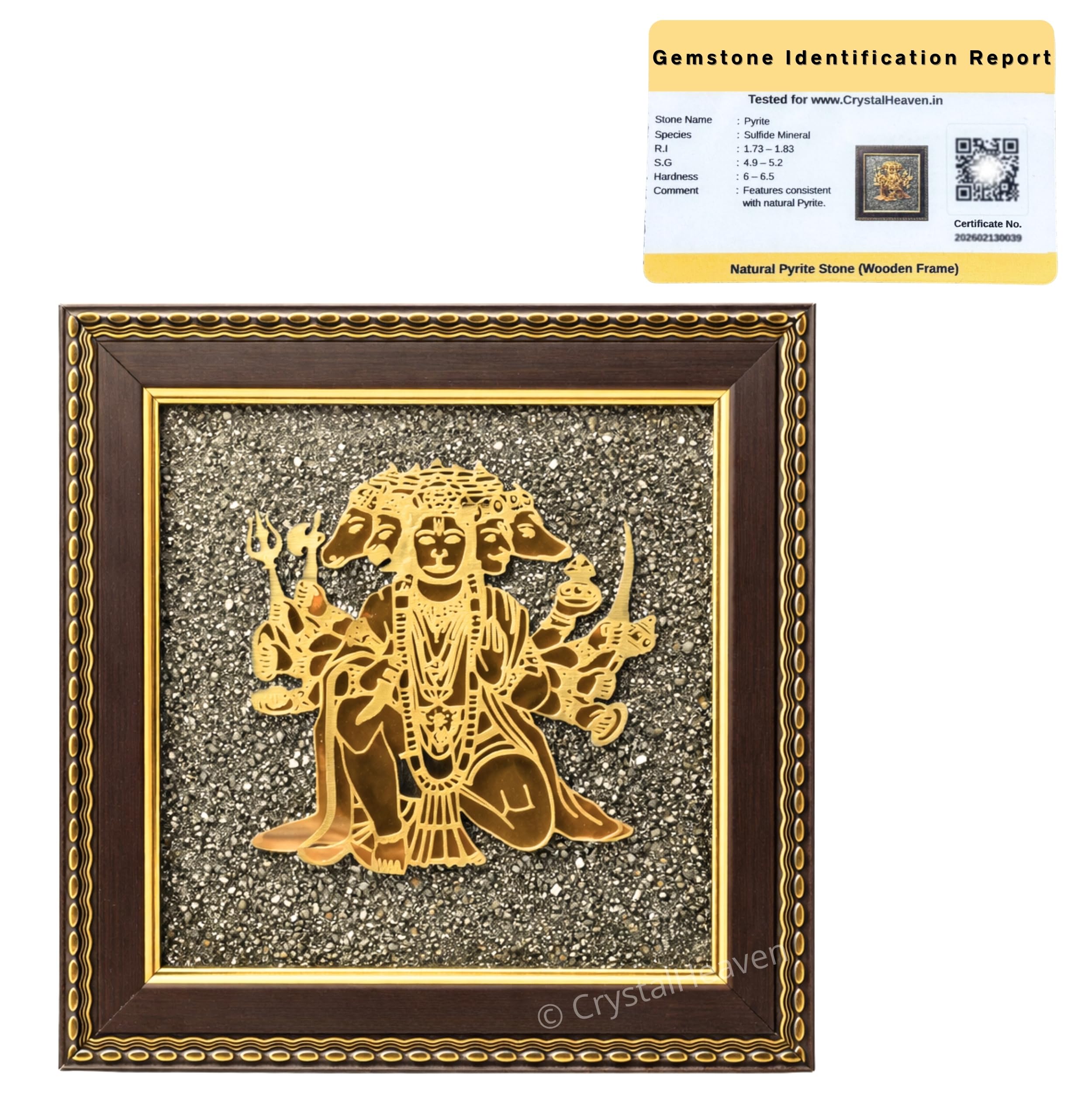Pyrite Stone Frame With Panchmukhi Hanuman To Attract Money, Protection And Chakra Healing - Wooden Photo Frame Wall Decor Items