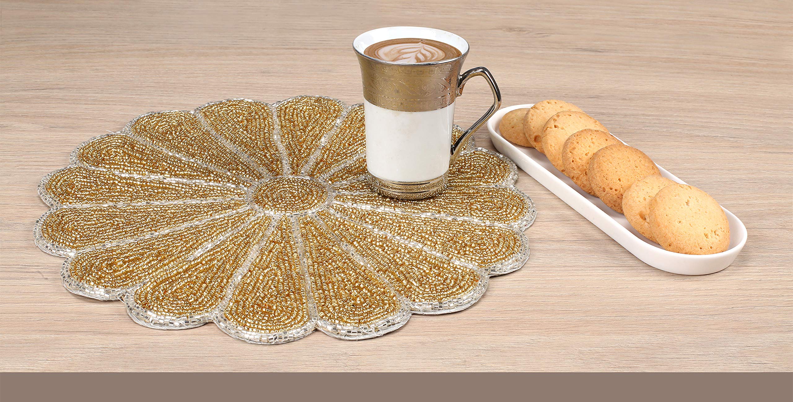 Alpha Living Home Beaded Scallop Placemats For Dining Table - Pack Of 2 Measure 13 Inches Beaded Placemats Round For Gathering,
