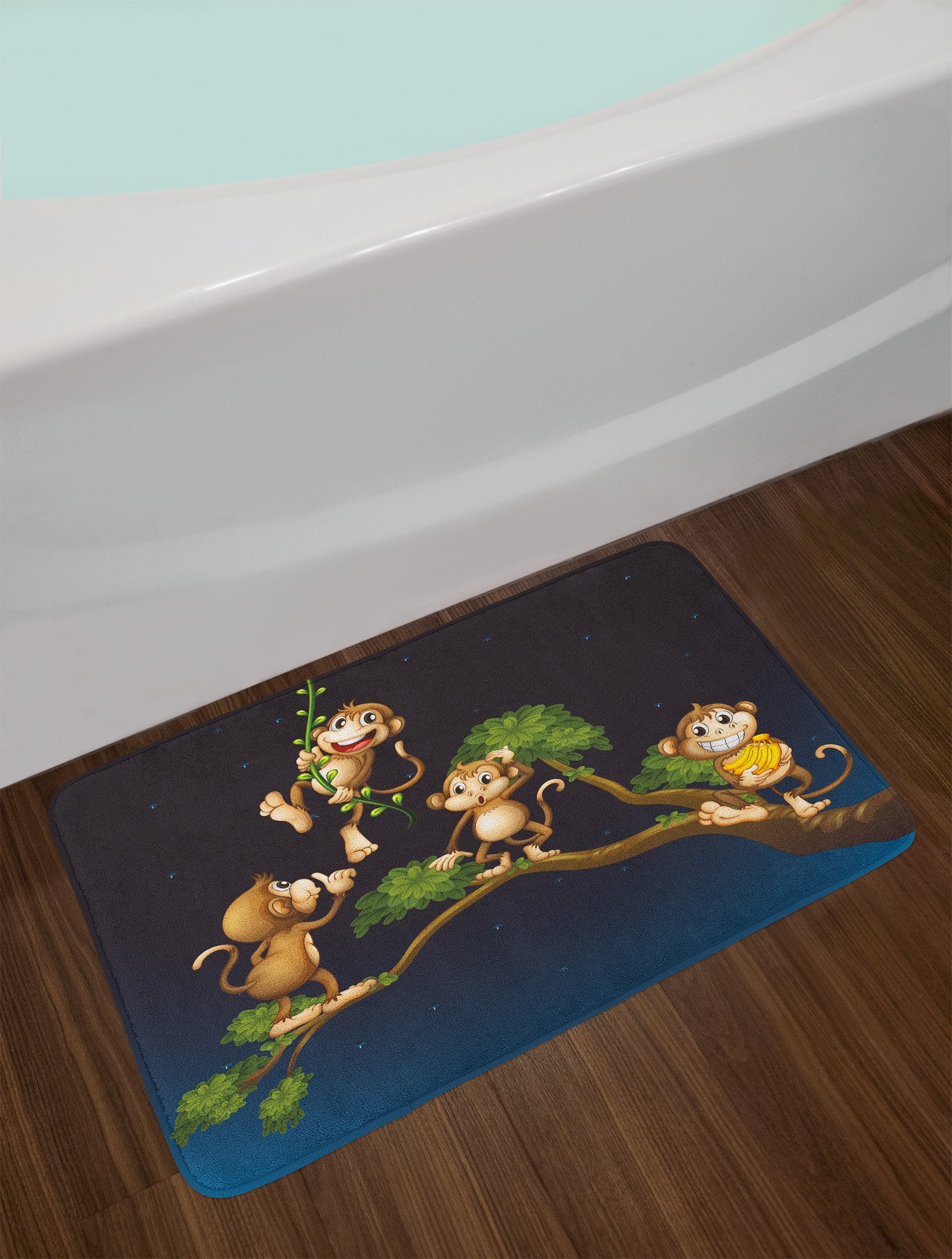 Lunarable Nature Bath Mat, Animal Theme Illustration Of 4 Monkeys On The Tree Branch Art, Plush Bathroom Decor Mat With Non Slip