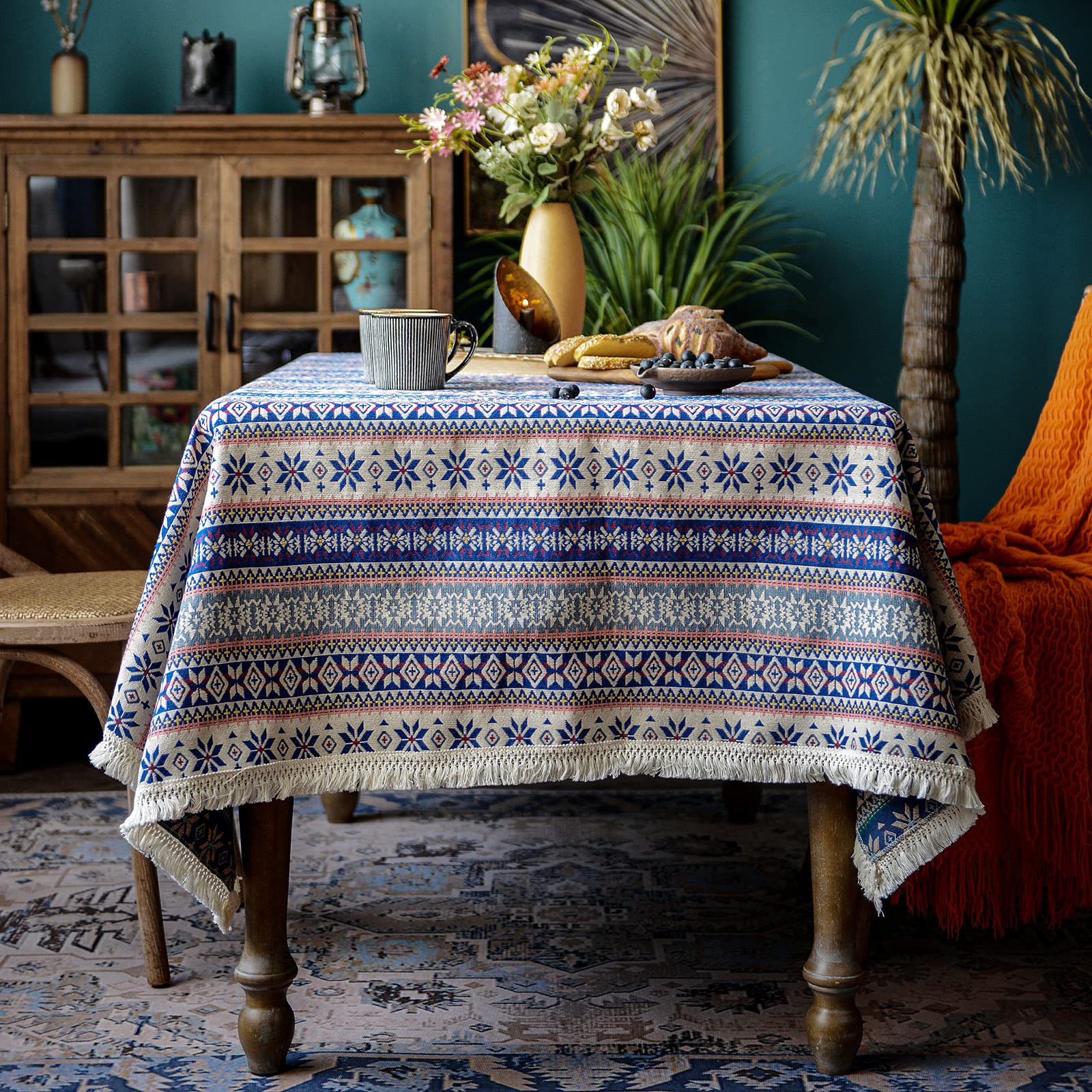 Sutavia Tassel Boho Tablecloth For Rectangle Table Cover Wrinkle Free Linen Bohemian Style Design Table Cloth For For Dining Roo