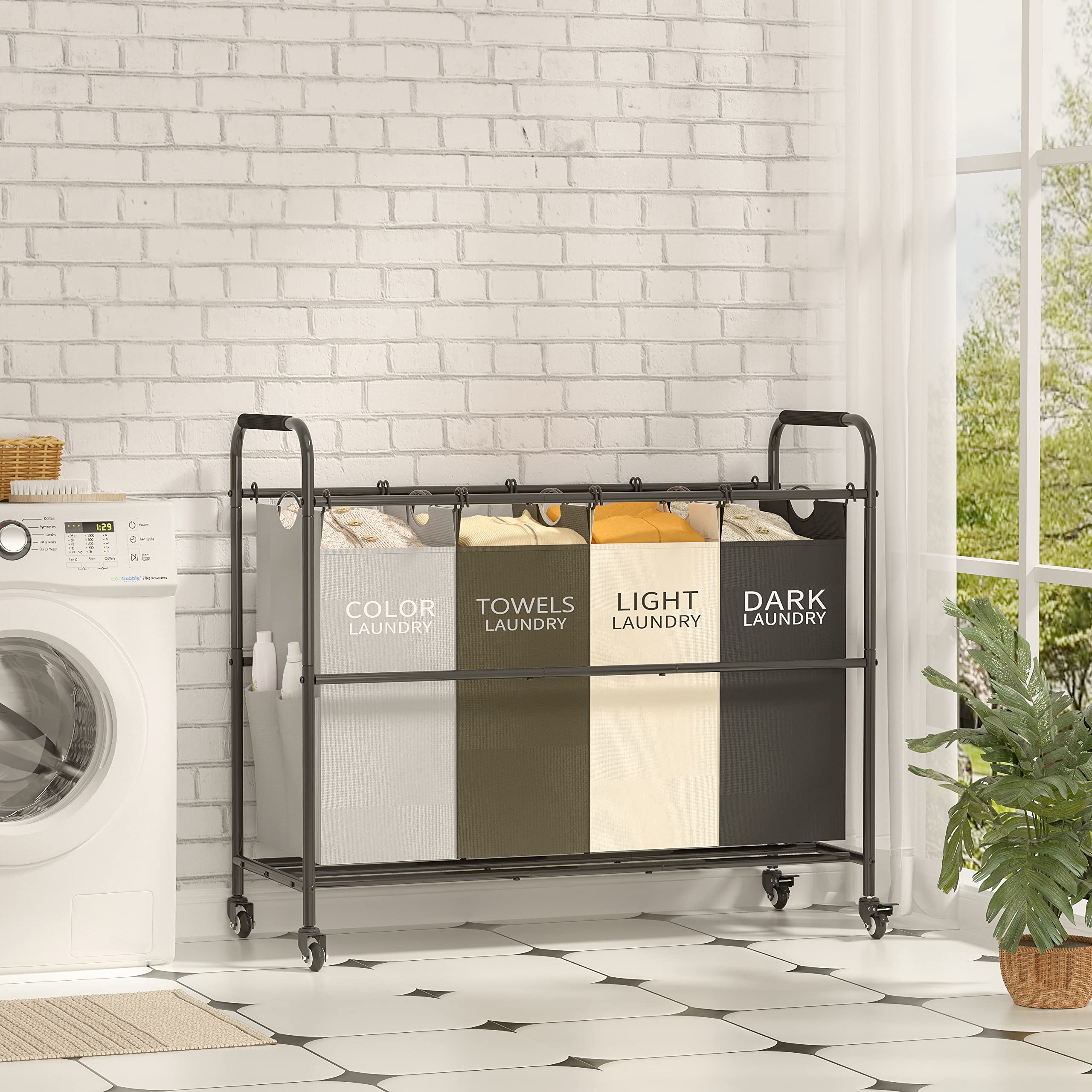 Tajsoon 4 Bag Laundry Sorter Cart  Laundry Hamper Sorter Basket with Heavy Duty Lockable Rolling Wheels for Clothes Storage  4 Colors