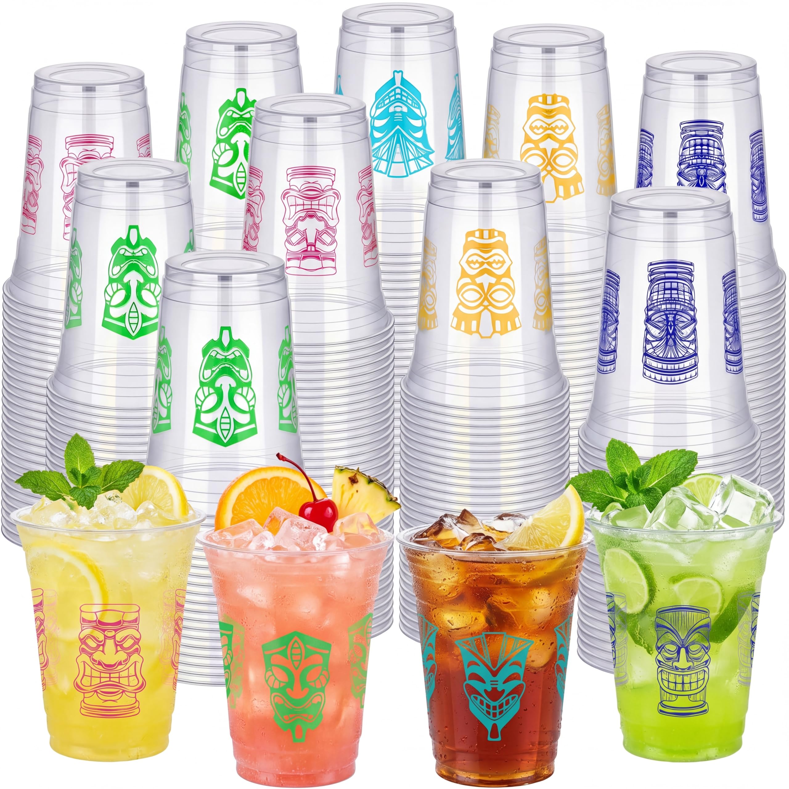 Pinkunn 100 Pcs 16oz Tiki Party Cups Disposable Plastic Tiki