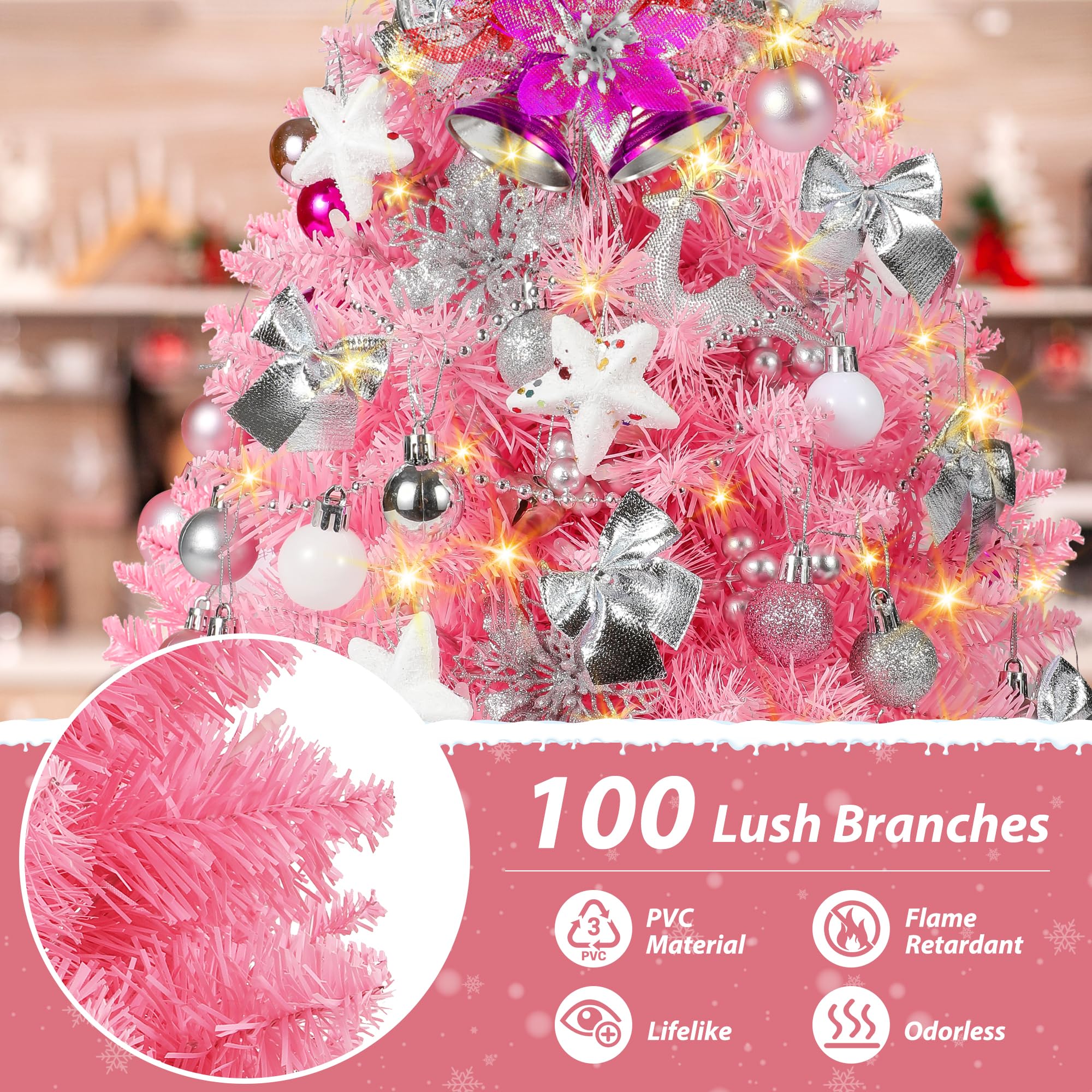 Pink Christmas Tree, 2FT Mini Artificial Christmas Trees, 100 Lifelike Branches, 60 Twinkle LED Lights, 70 Ornaments, 24 Inches