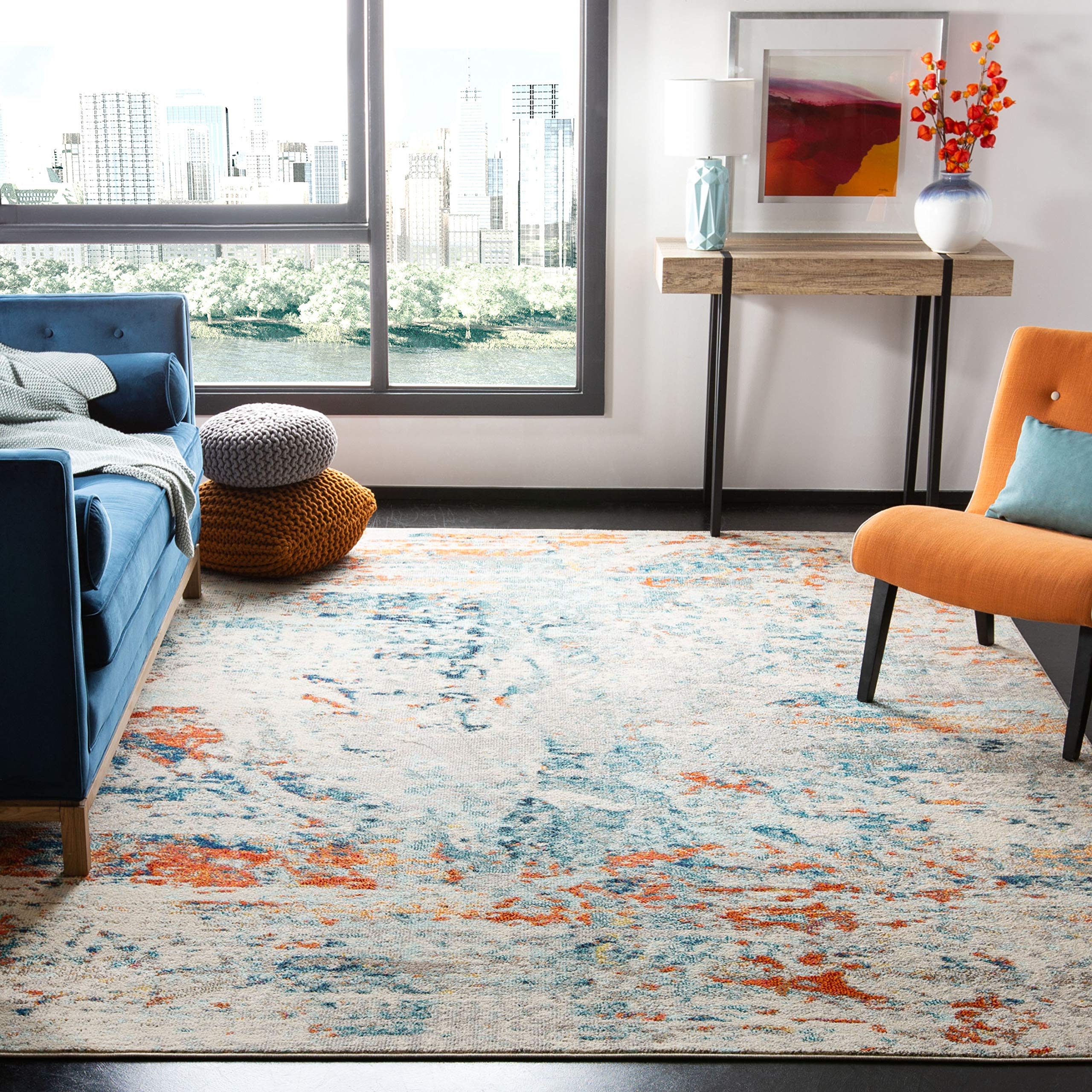 SAFAVIEH Madison Collection 9 Square Cream Orange MAD478B Modern Abstract Non-Shedding Living Room Bedroom Dining Home Office A