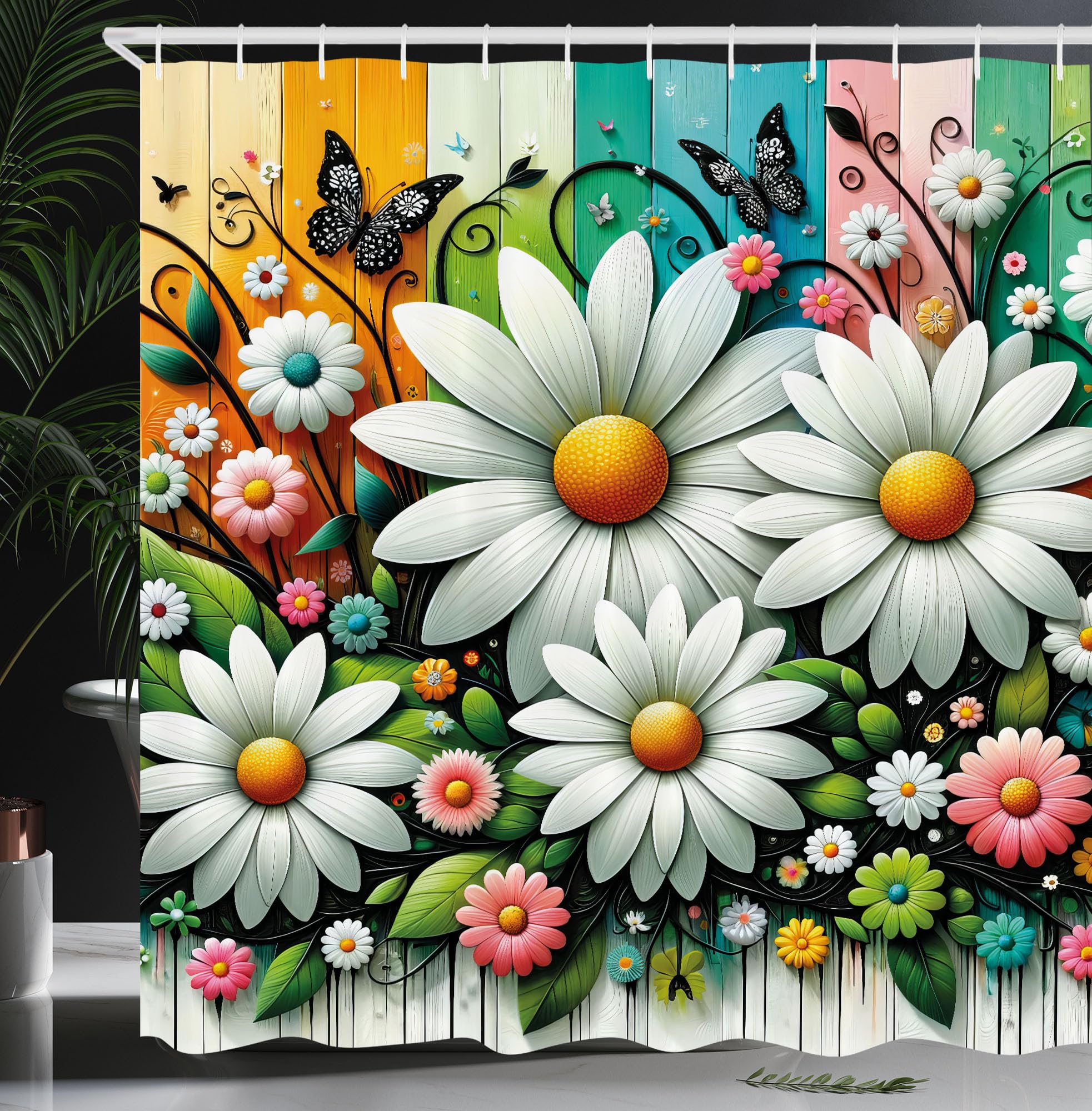 Ambesonne Spring Shower Curtain, Modern Botany Art Of Daisy With Greenery Leaves Butterfly On Colorful Back, Cloth Fabric Bathro