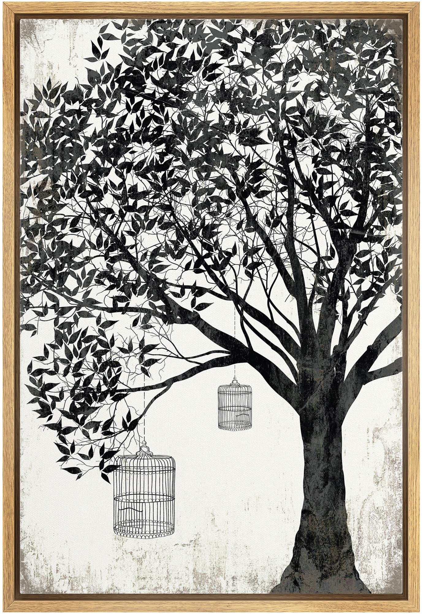 Wall26 Framed Canvas Print Wall Art Black & White Tree With Hanging Birdcages Floral Nature Illustrations Modern Art Rustic Dram
