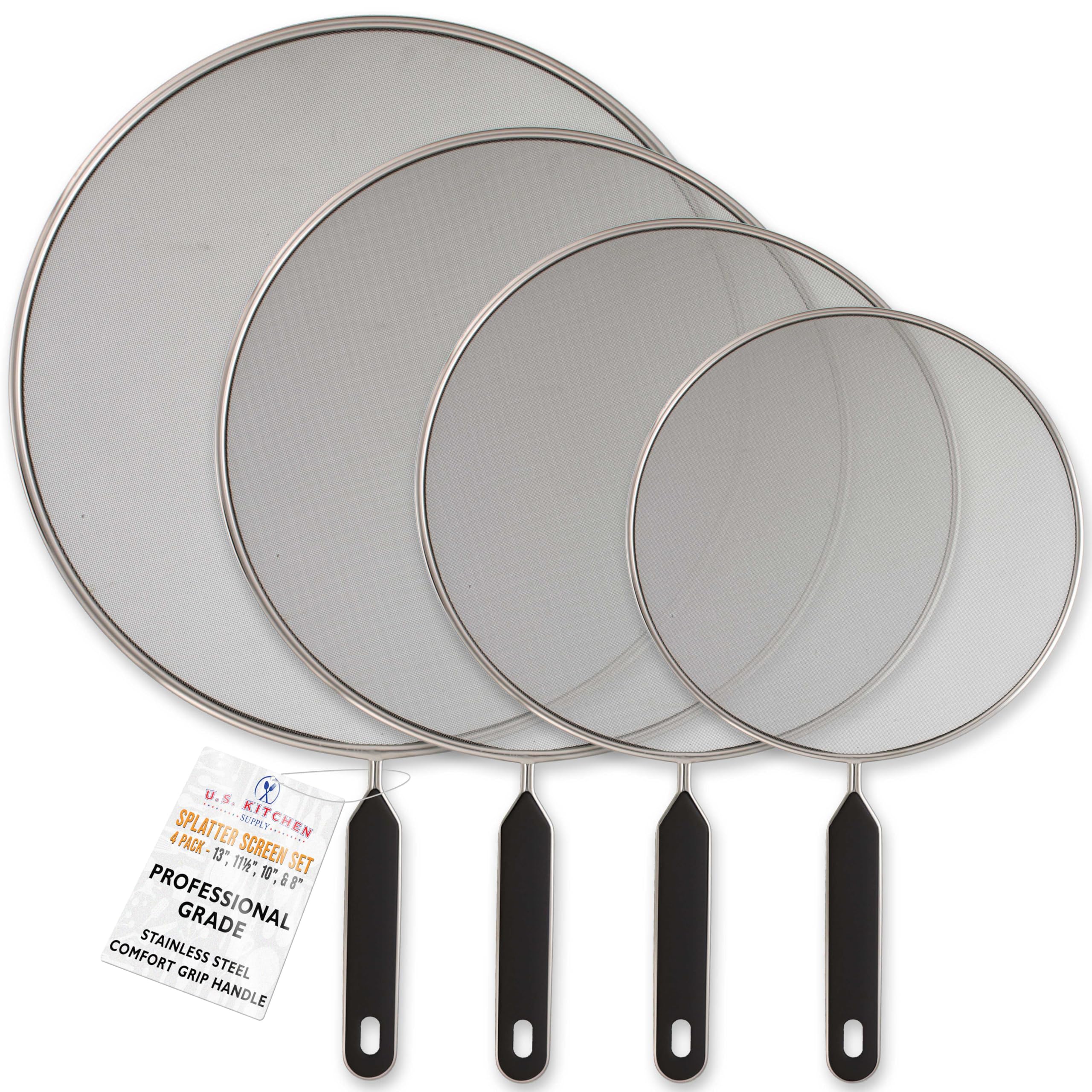U.S. Kitchen Supply Set Of 4 Classic Splatter Screens, 13'', 11.5'', 10'', And 8'' - Stainless Steel Fine Mesh, Comfort Grip Han