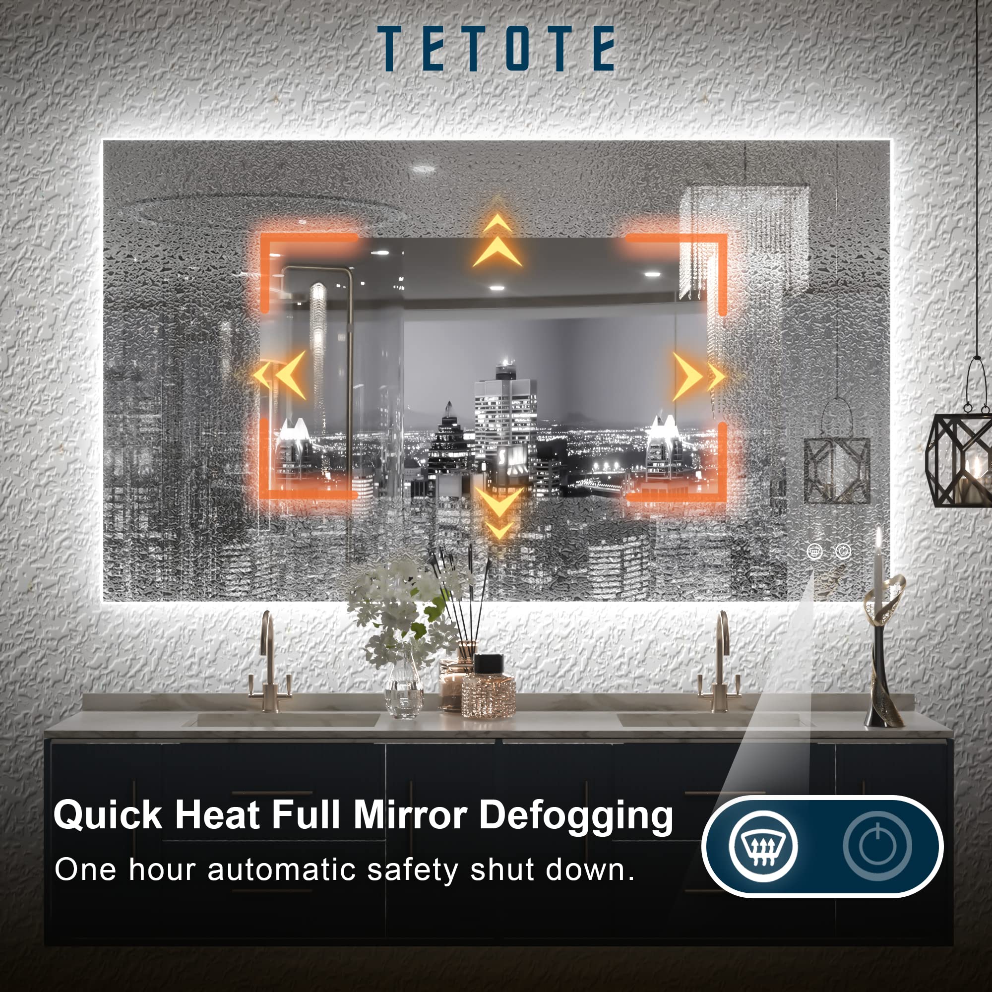 TETOTE 40 x 24 Inch LED Backlit Bathroom Vanity Mirror with Light Anti-Fog Dimmable CRI90+ Touch Button Water Proof Horizontal/Vertical Wall Mounted Lighted Mirror