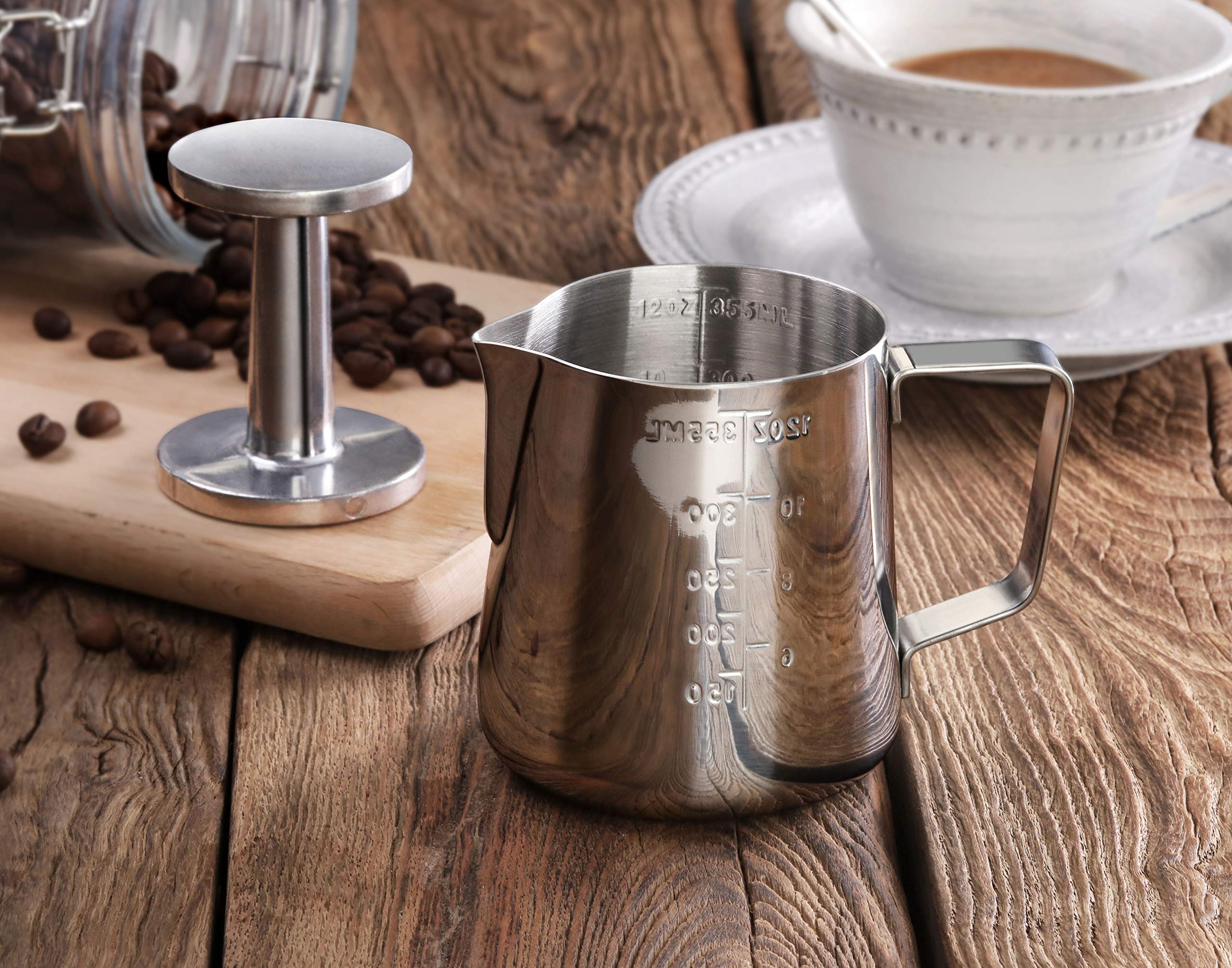 New Star Foodservice Stainless Steel Frothing Pitcher, 12 oz, Model 28829, Durable 18/8 Material, Silver Finish