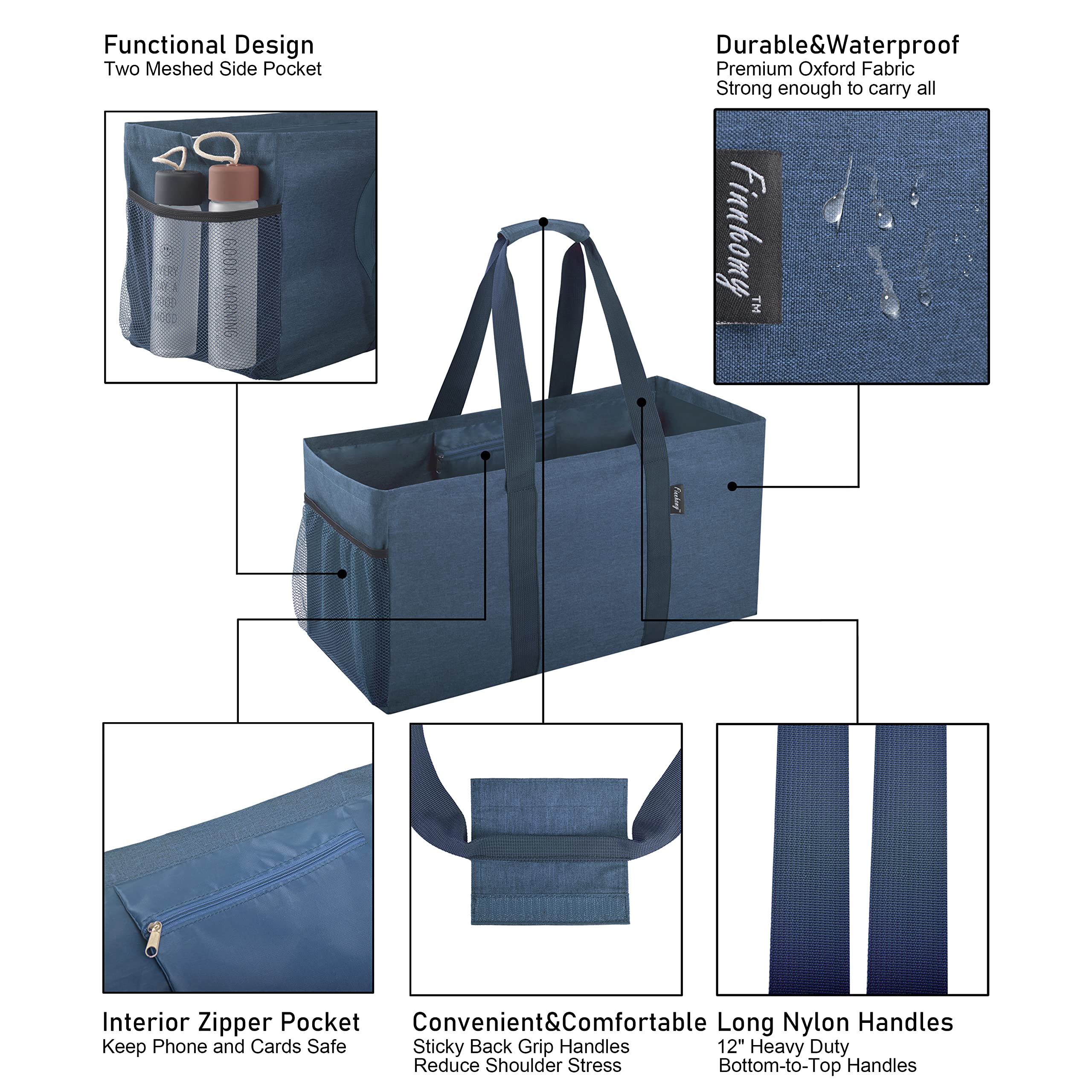 Finnhomy 42L Extra Large Utility Tote Bag, Solid Oxford Fabric Storage Bag With Handles And Pockets, Reusable Folding Grocery Ba